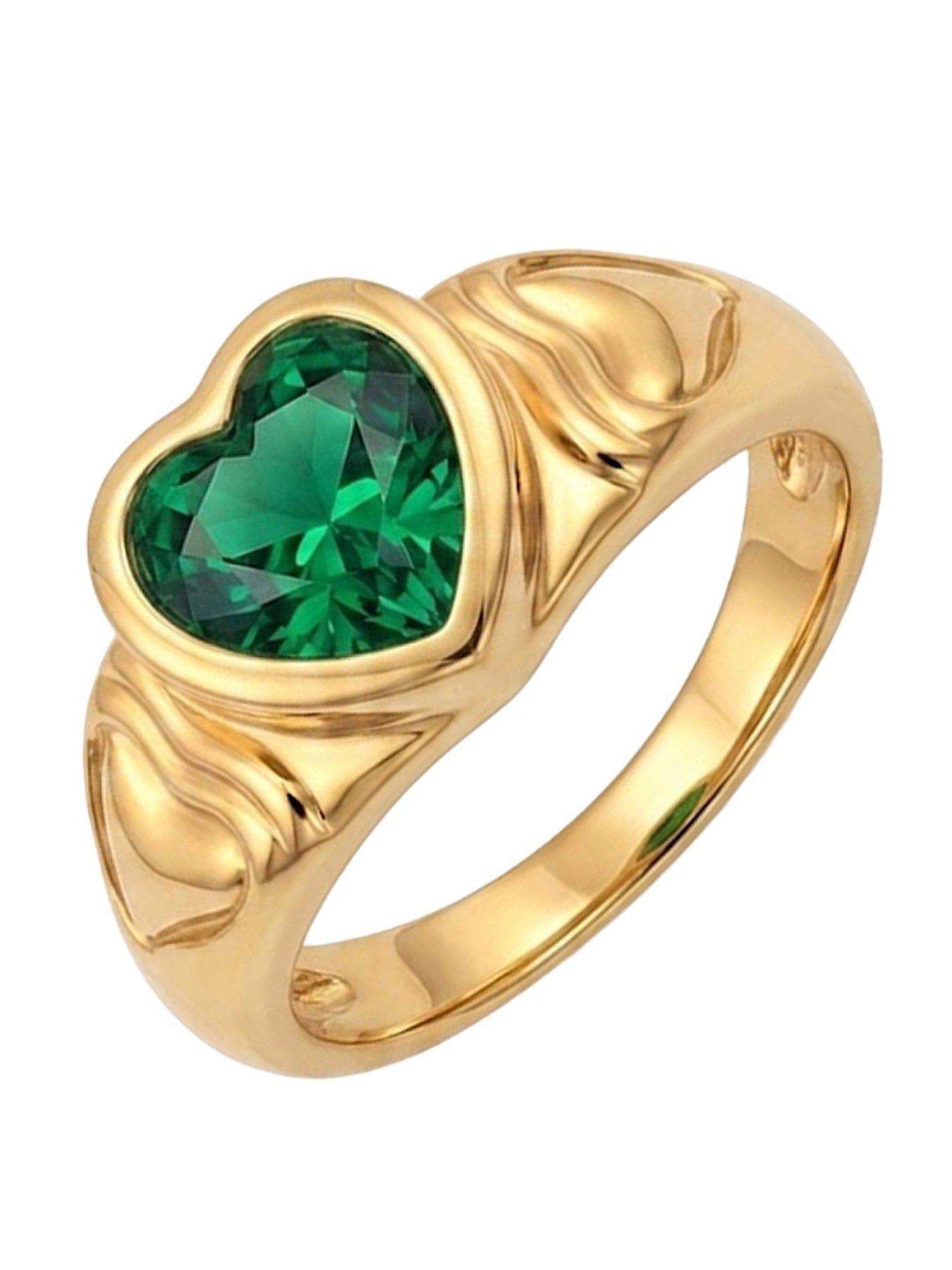 The Love Collection Gold Plated Stainless Steel Heart Emerald CZ Ring