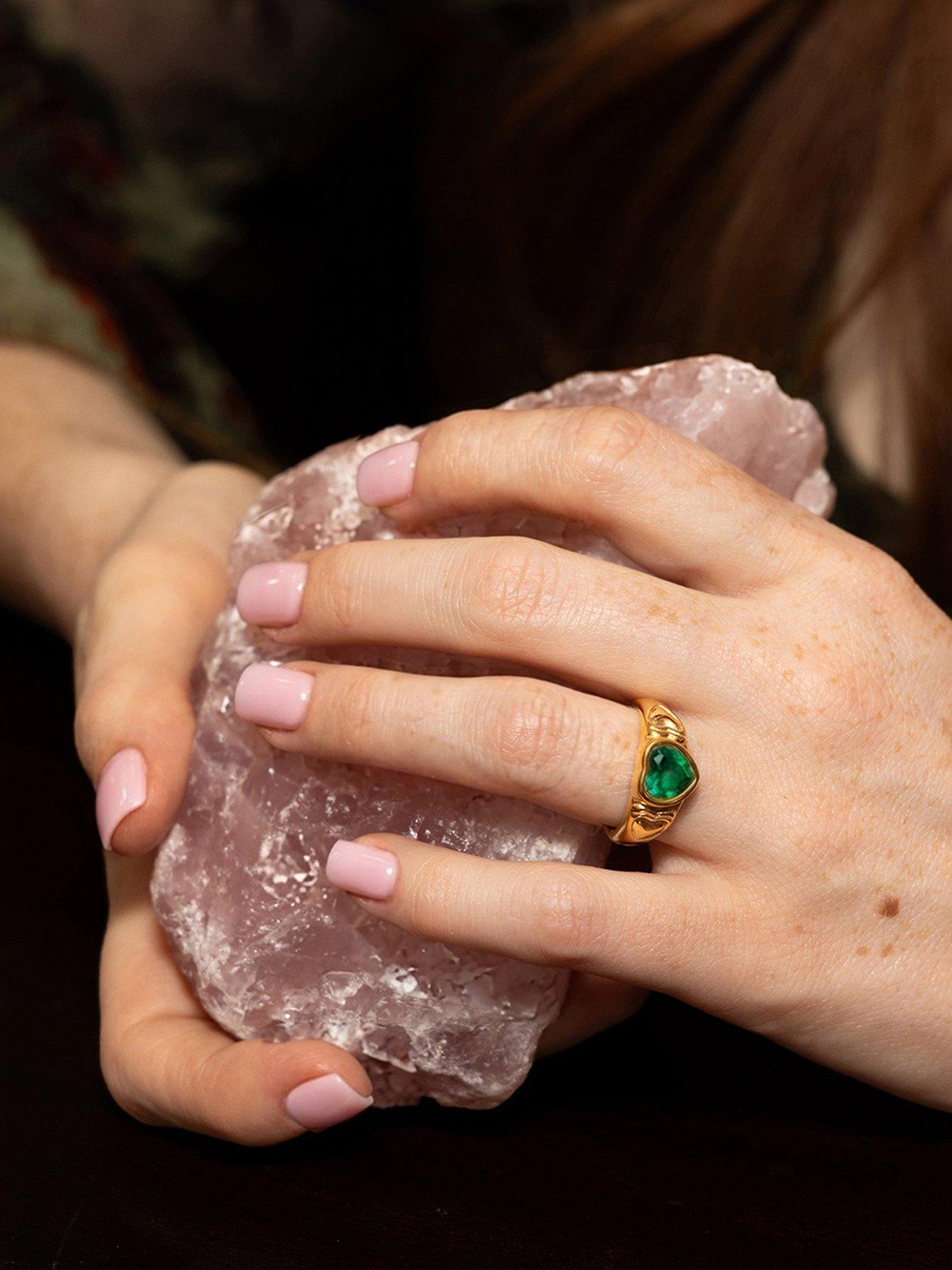 Image 2 of 5 of The Love Collection Gold Plated Stainless Steel Heart Emerald CZ Ring