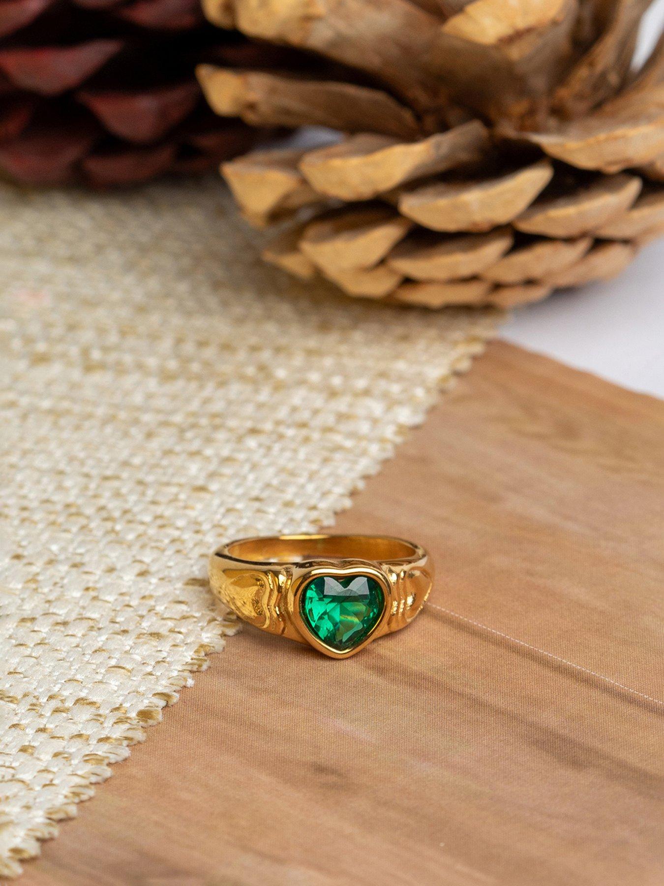 Image 5 of 5 of The Love Collection Gold Plated Stainless Steel Heart Emerald CZ Ring