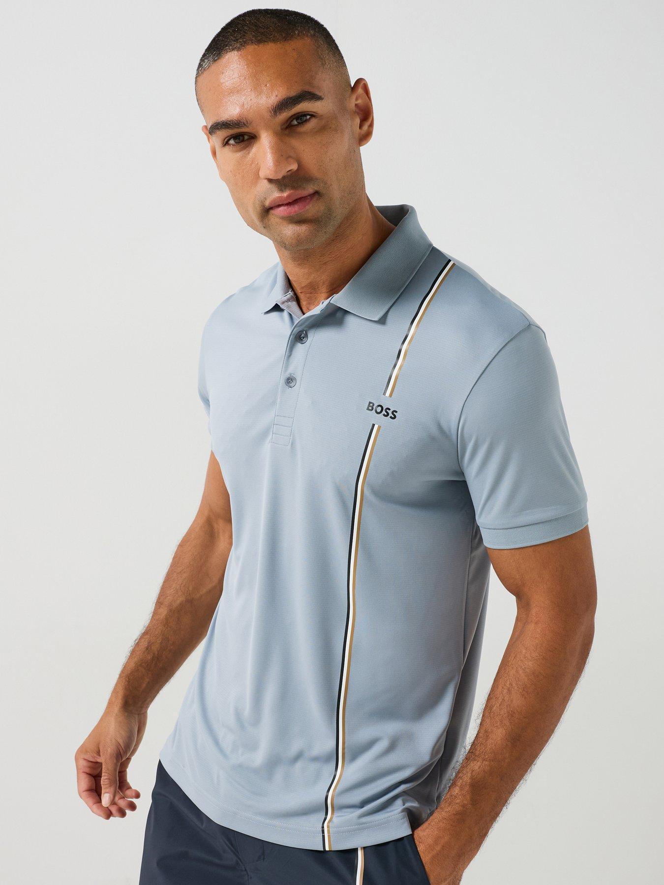 Image 1 of 6 of BOSS Mens Active Quick-Dry Polo Shirt with Signature Stripe - Grey