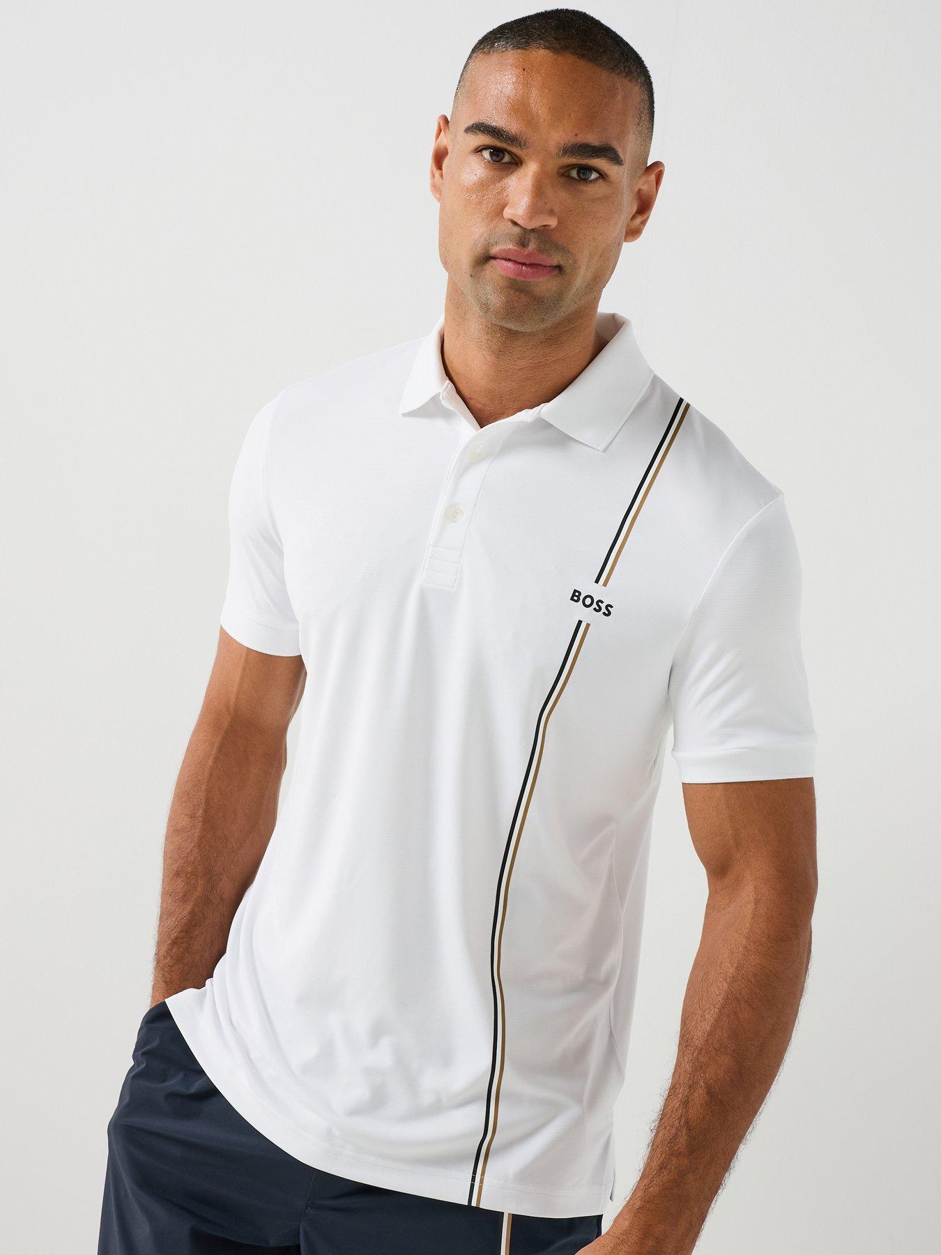 BOSS Mens Active Quick-Dry Polo Shirt with Signature Stripe - White