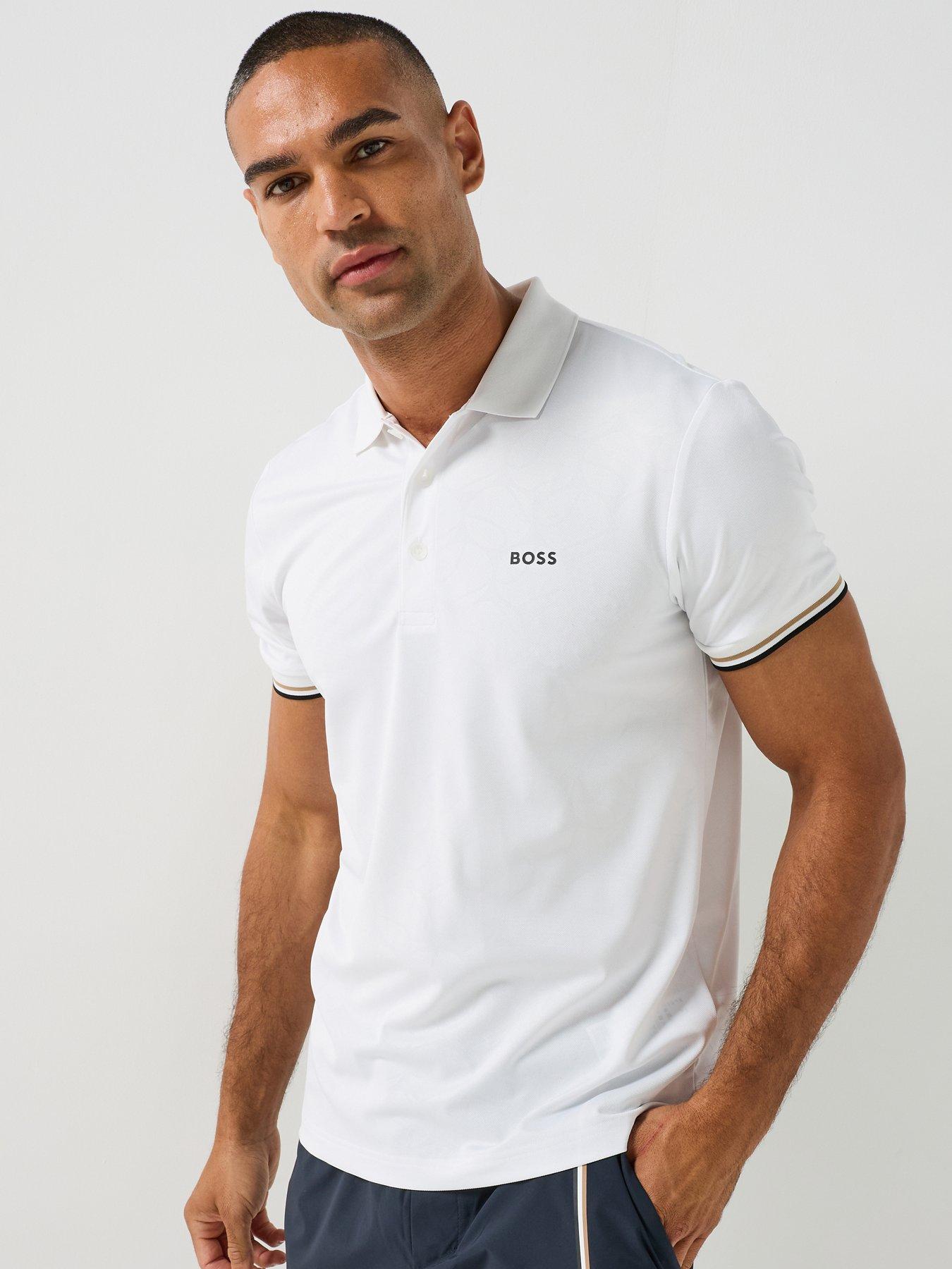 BOSS Active Slim-Fit Polo Shirt with Embossed Tennis-Ball Jacquard Pattern - White