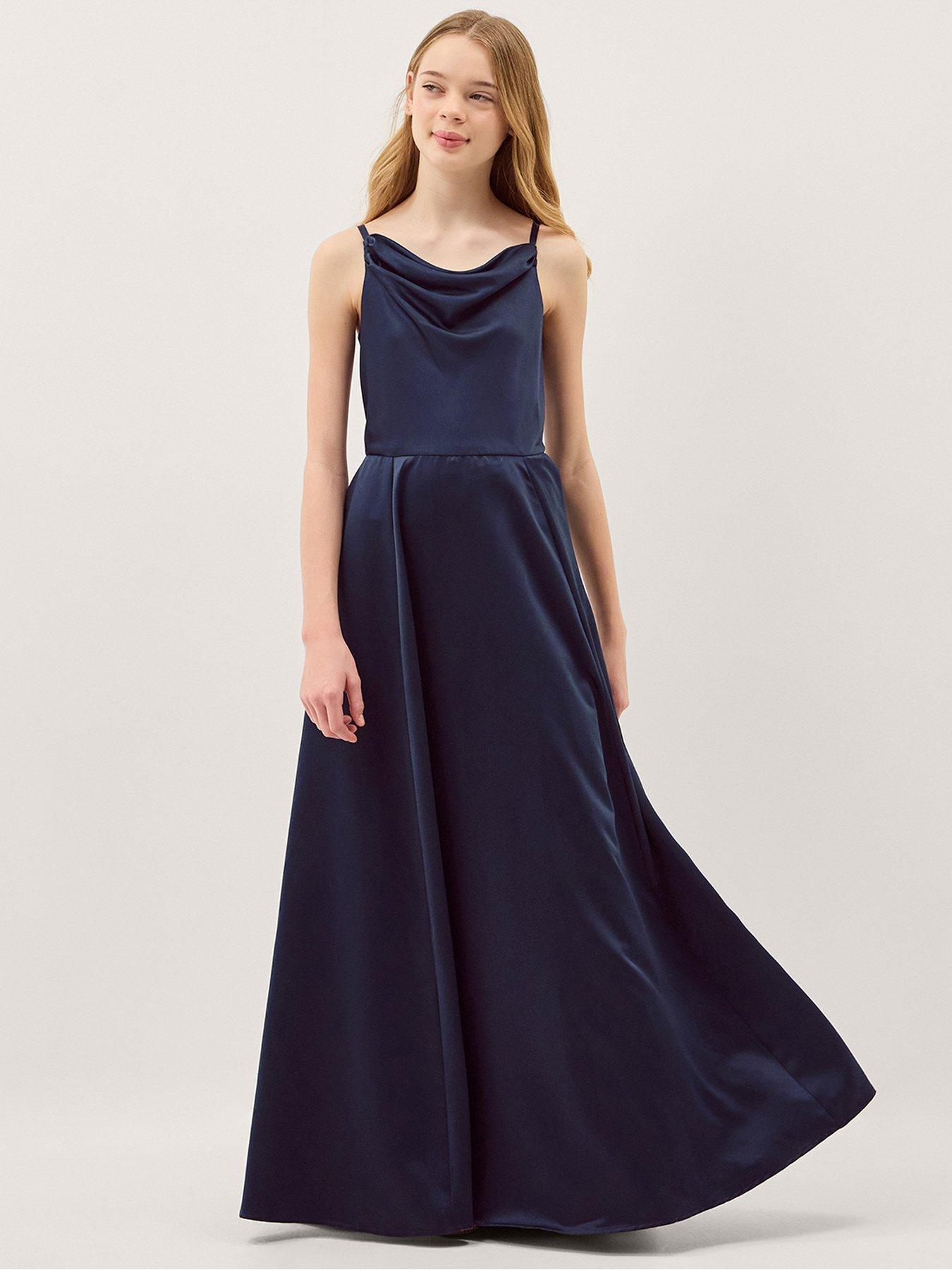Monsoon Girls Satin Cowl Neck Prom Dress - Navy