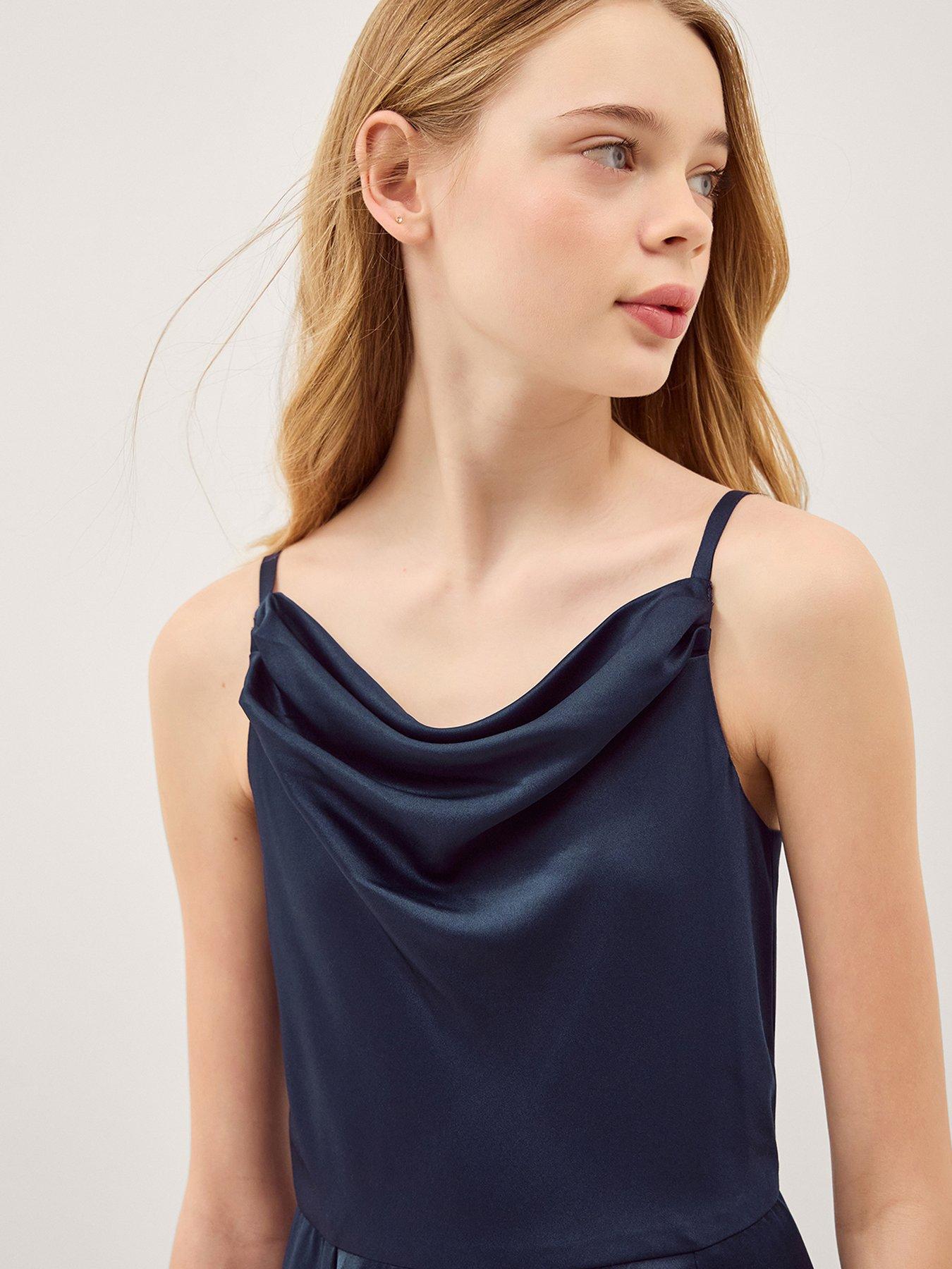 Image 4 of 5 of Monsoon Girls Satin Cowl Neck Prom Dress - Navy