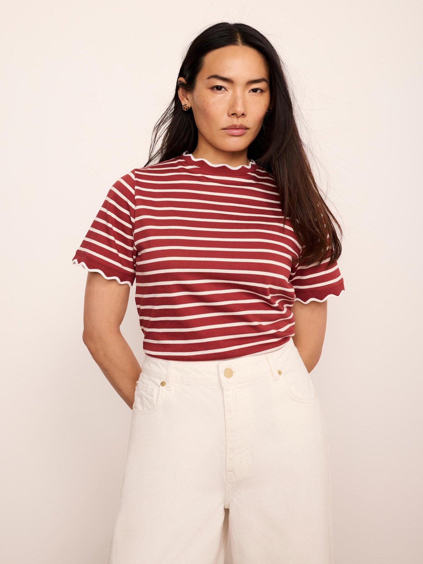 Mint Velvet Stripe Scallop T-Shirt - Rust/White