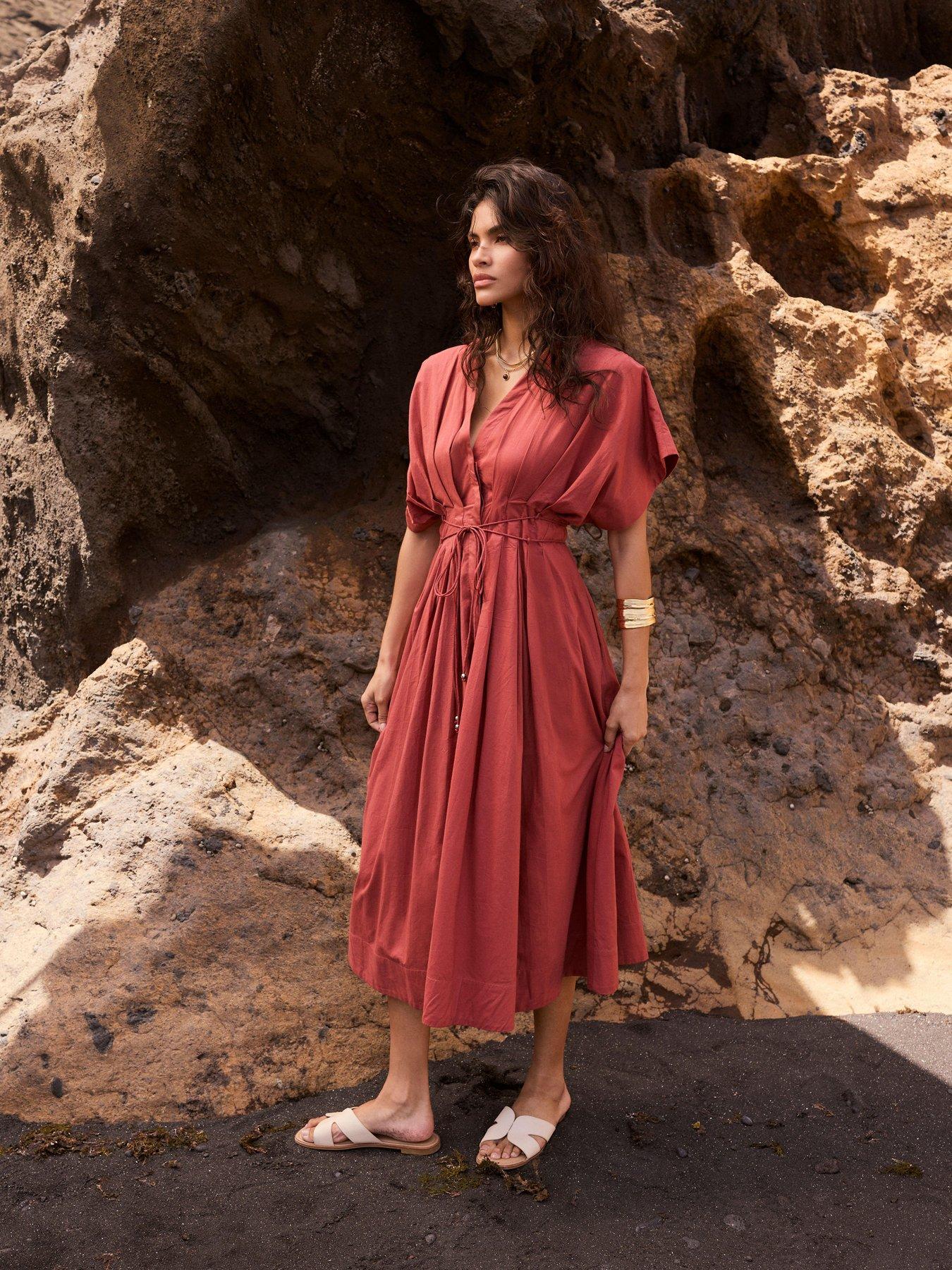 Image 2 of 6 of Mint Velvet Rust Cotton Tie Waist Midi Dress - Red