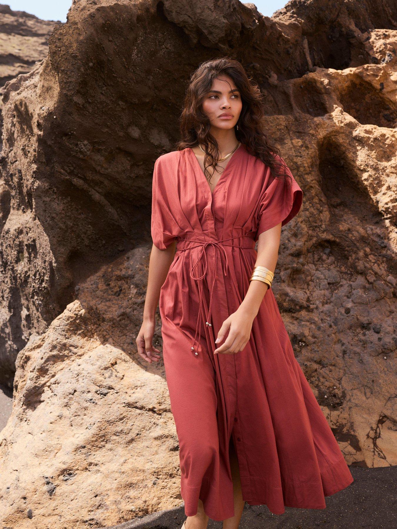 Image 3 of 6 of Mint Velvet Rust Cotton Tie Waist Midi Dress - Red