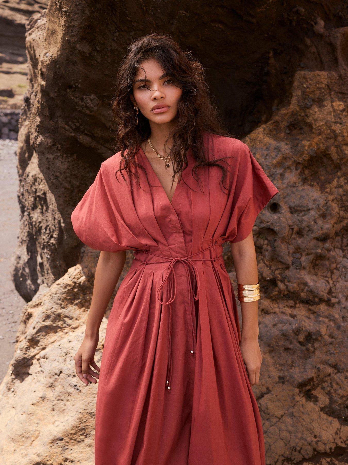 Image 4 of 6 of Mint Velvet Rust Cotton Tie Waist Midi Dress - Red