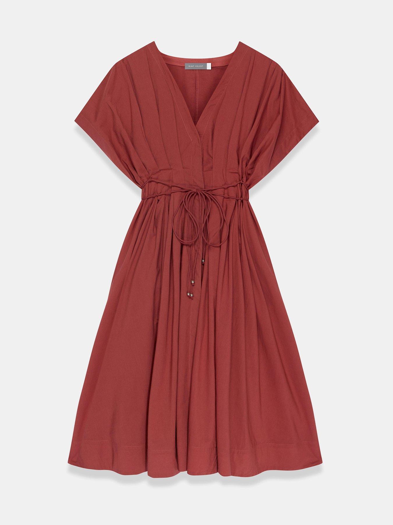 Image 5 of 6 of Mint Velvet Rust Cotton Tie Waist Midi Dress - Red