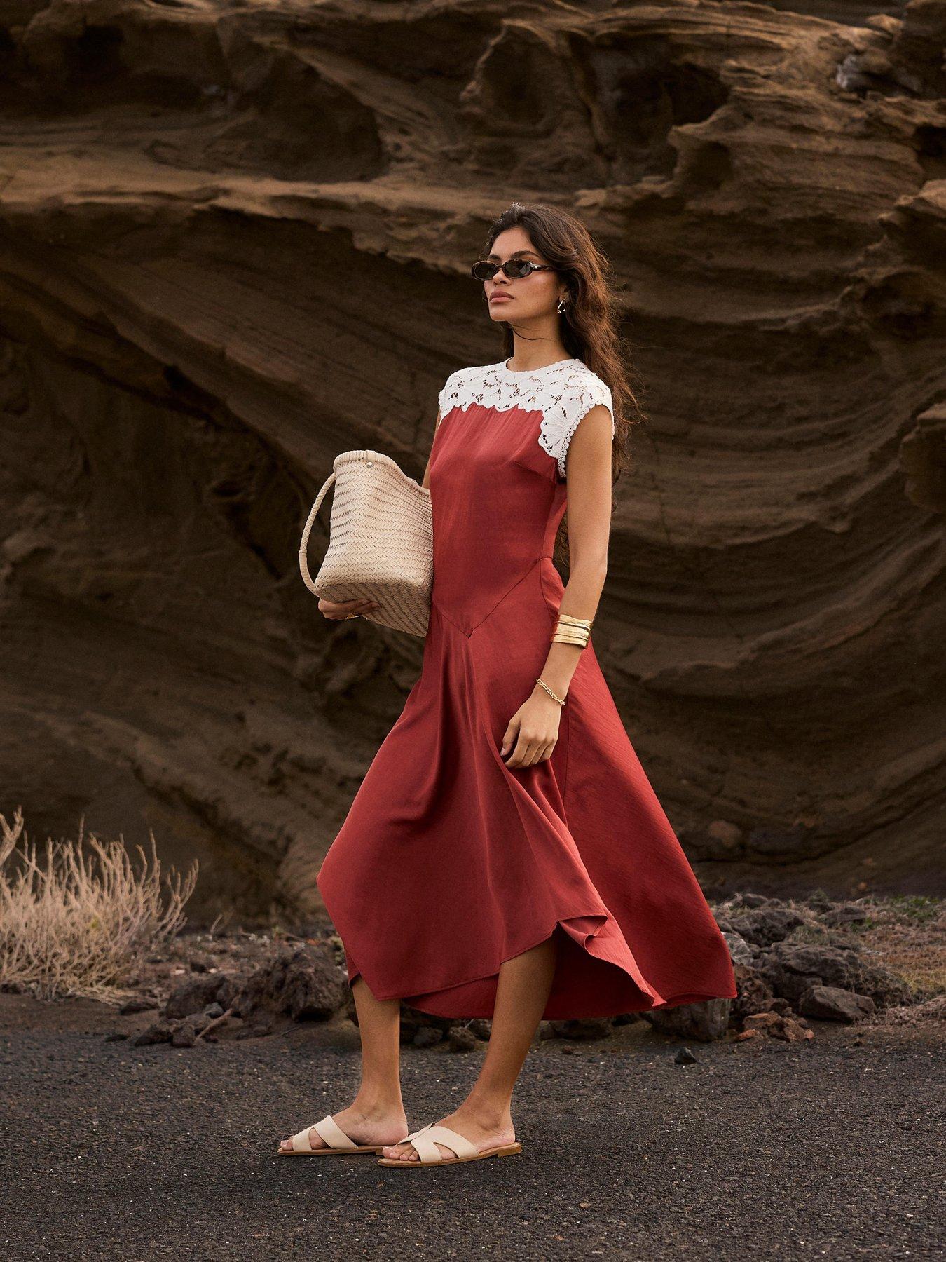 Image 1 of 6 of Mint Velvet Rust Red Lace Detail Midi Dress - Brown