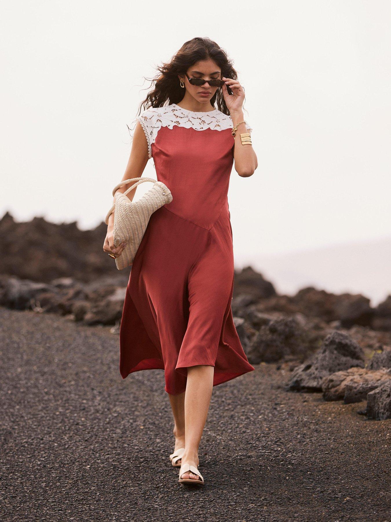 Image 2 of 6 of Mint Velvet Rust Red Lace Detail Midi Dress - Brown