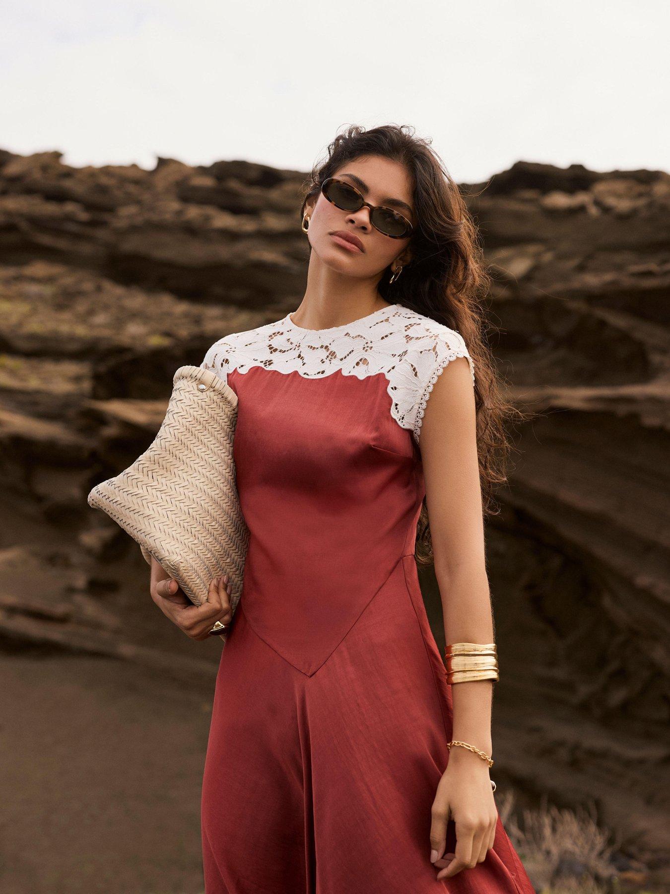 Image 4 of 6 of Mint Velvet Rust Red Lace Detail Midi Dress - Brown