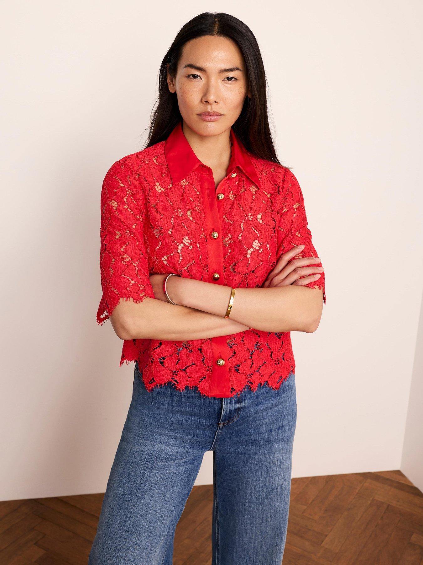 Mint Velvet Lace Short Sleeve Shirt - Red