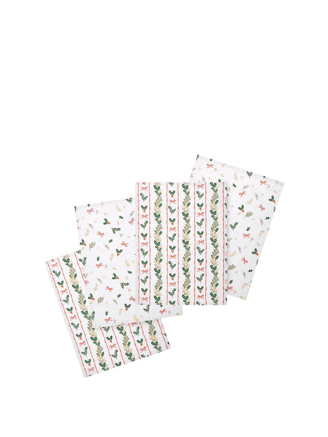 Image 2 of 3 of Catherine Lansfield 100% Cotton Christmas Holly Stripe Tea Towels 4 Pack