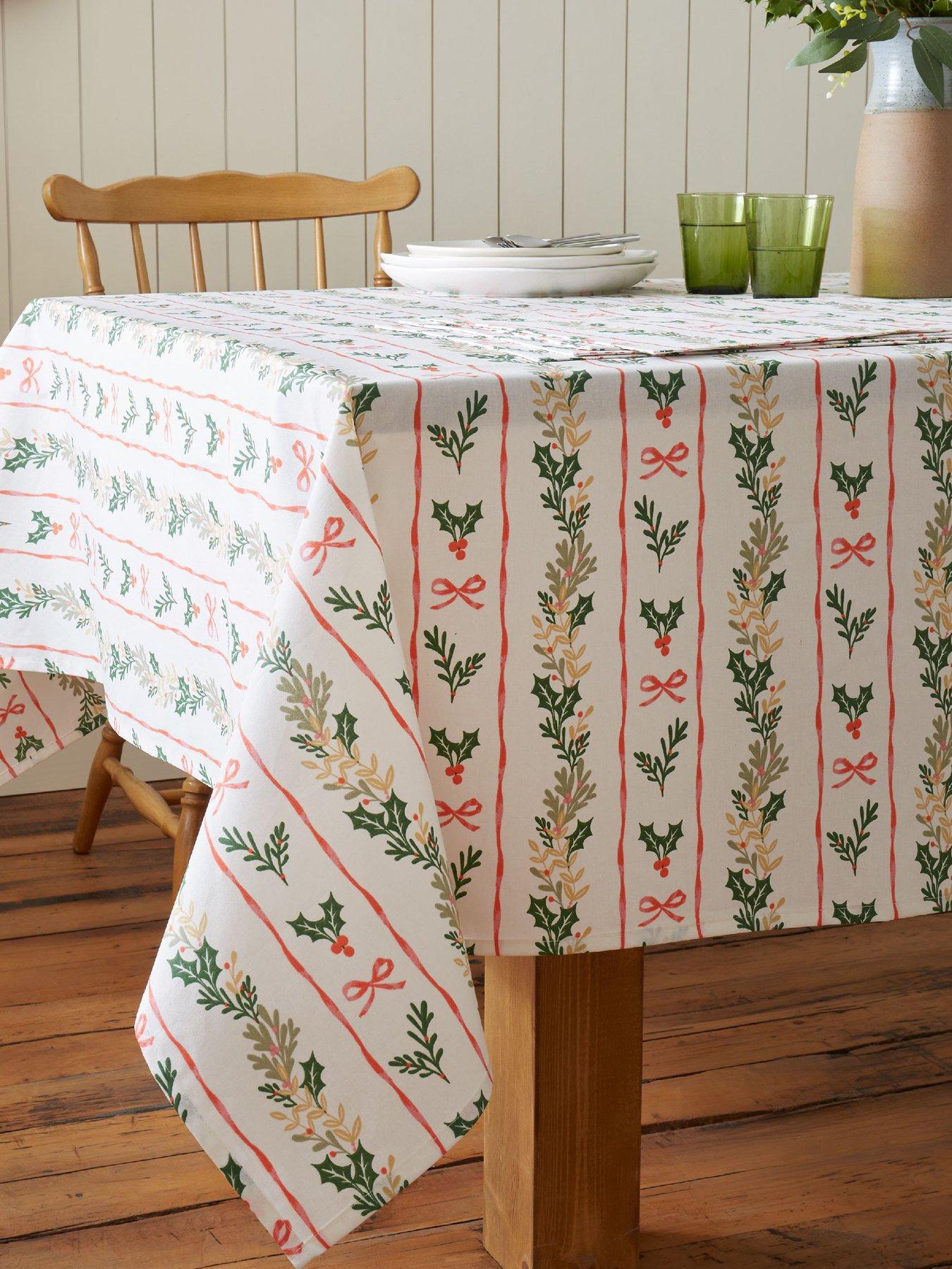 Image 1 of 3 of Catherine Lansfield 100% Cotton Christmas Holly Stripe Table Cloth