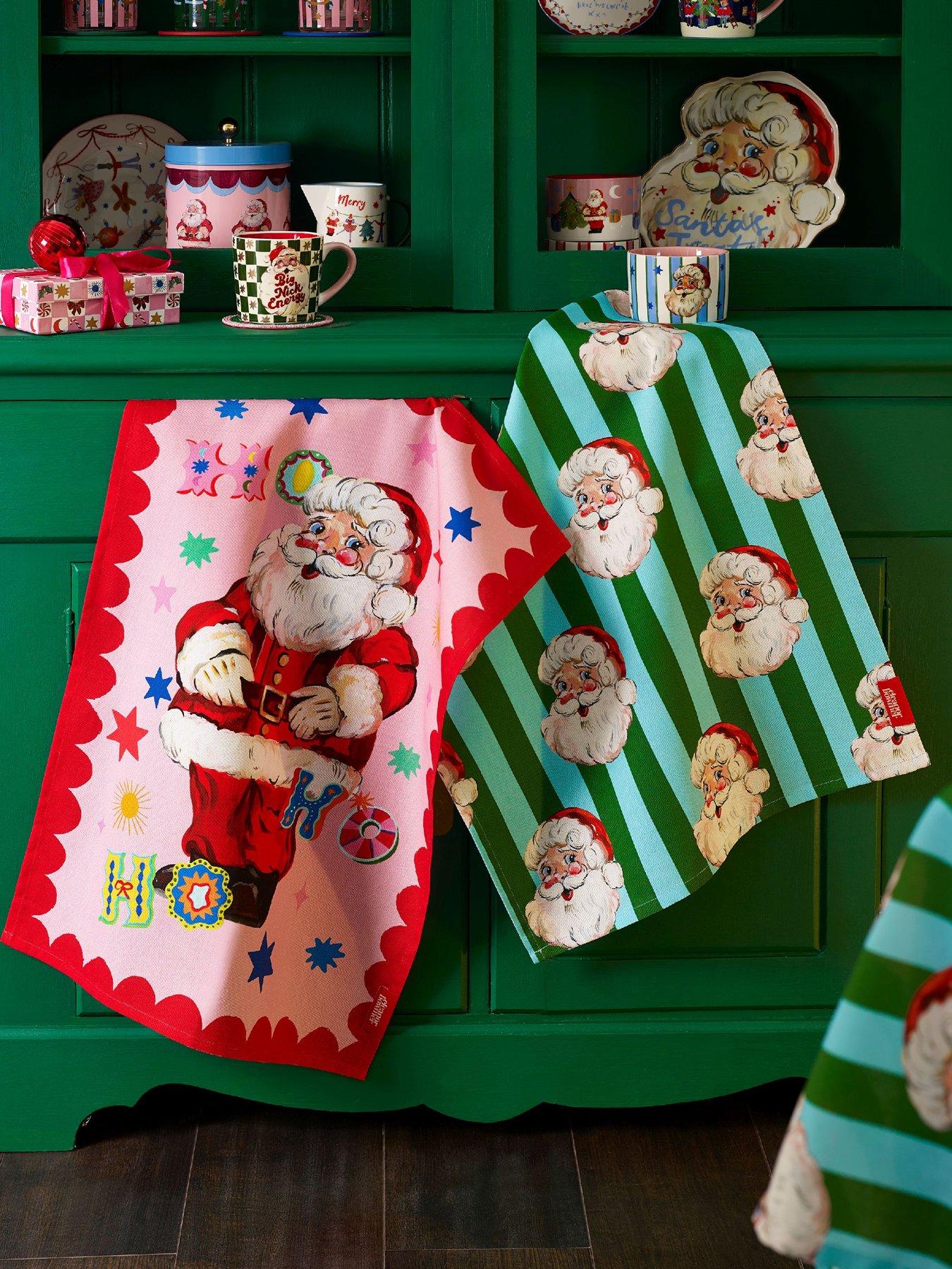 Image 1 of 3 of Eleanor Bowmer 100% Cotton Jolly Santa Tea Towels 2 Pack
