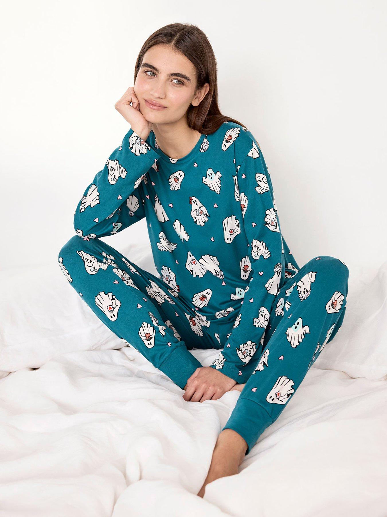 Image 1 of 6 of CHELSEA PEERS Halloween Ghost Print Long Pyjama Set - Teal