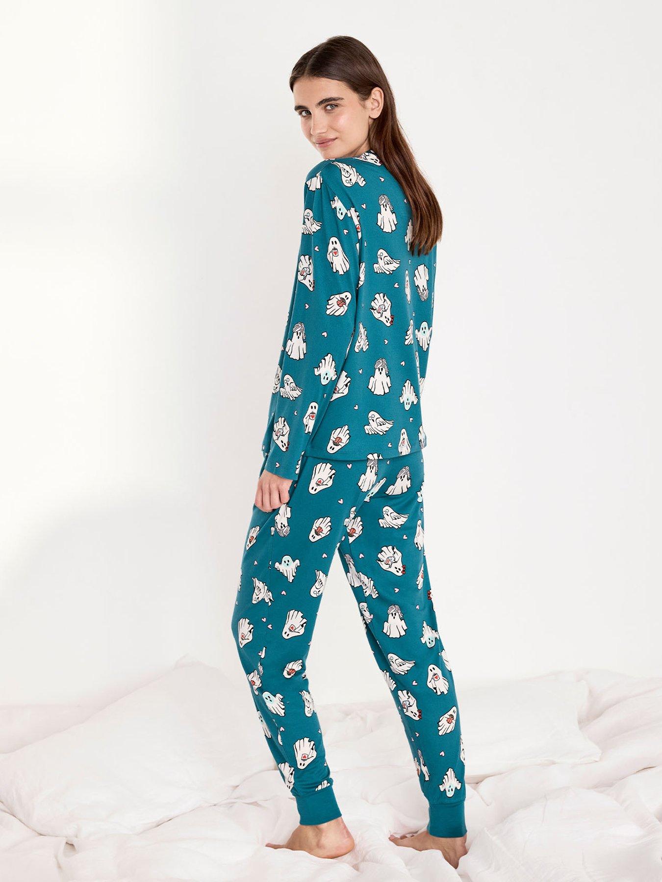 Image 2 of 6 of CHELSEA PEERS Halloween Ghost Print Long Pyjama Set - Teal