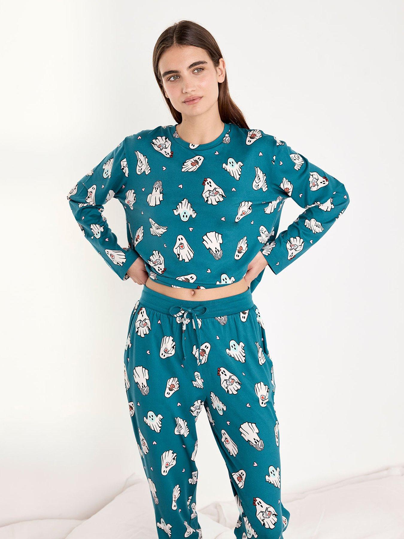 Image 4 of 6 of CHELSEA PEERS Halloween Ghost Print Long Pyjama Set - Teal