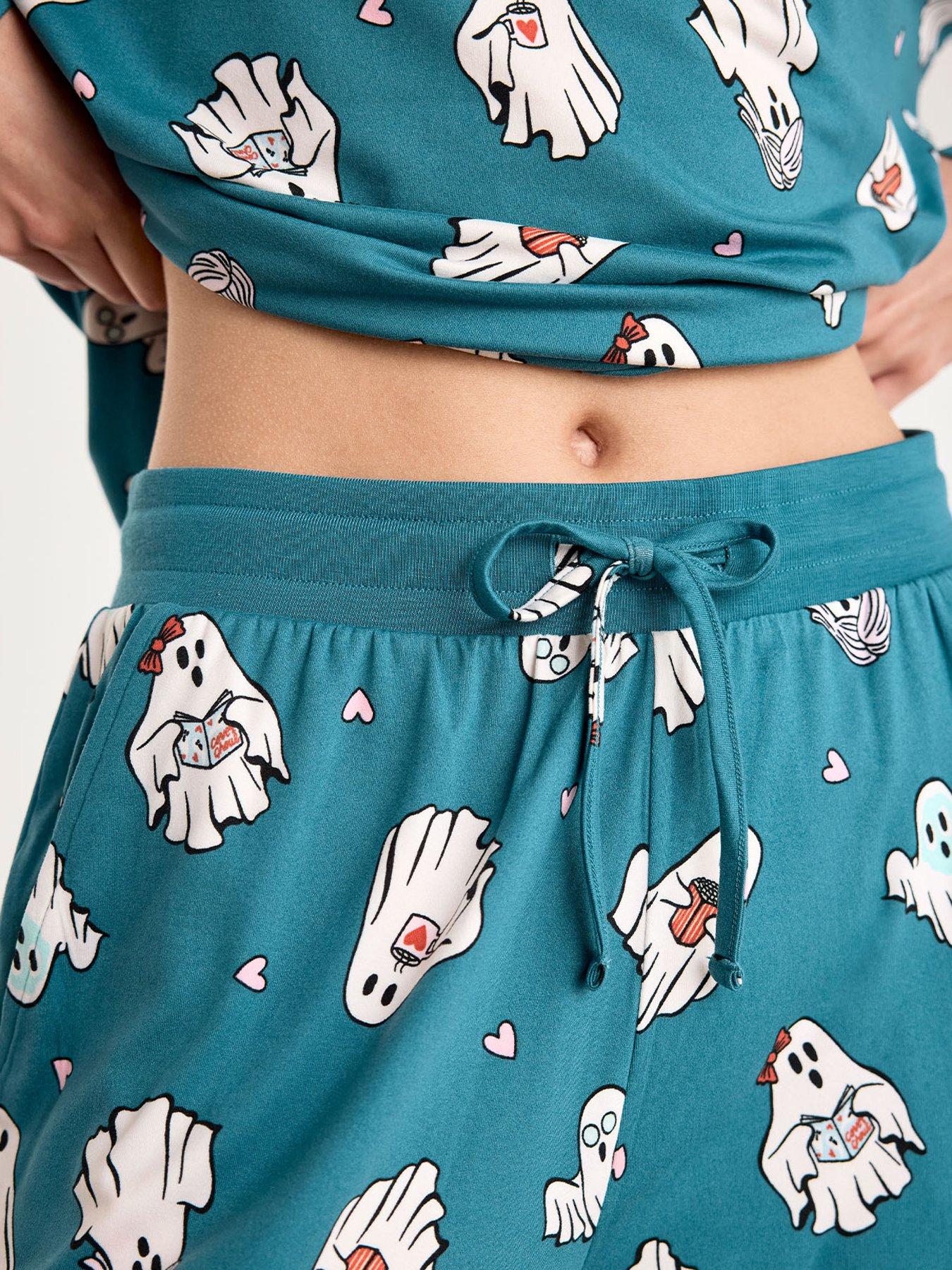 Image 6 of 6 of CHELSEA PEERS Halloween Ghost Print Long Pyjama Set - Teal