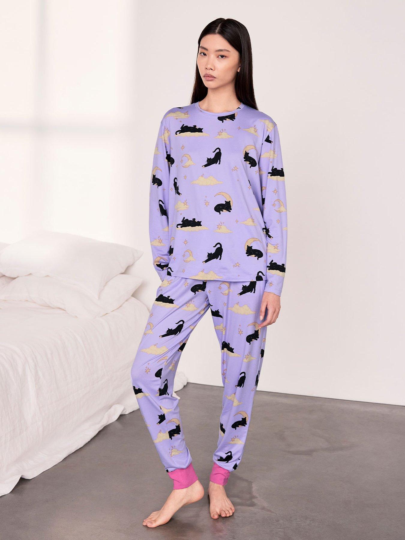 Image 1 of 6 of CHELSEA PEERS Halloween Cat Print Long Pyjama Set - Lilac