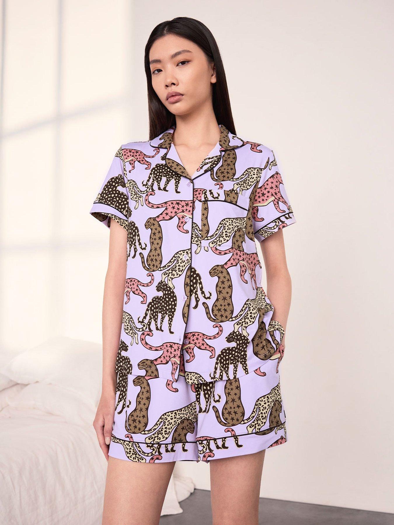 Image 1 of 6 of CHELSEA PEERS Starry Leopard Print Button Up Short Pyjama Set - Lilac
