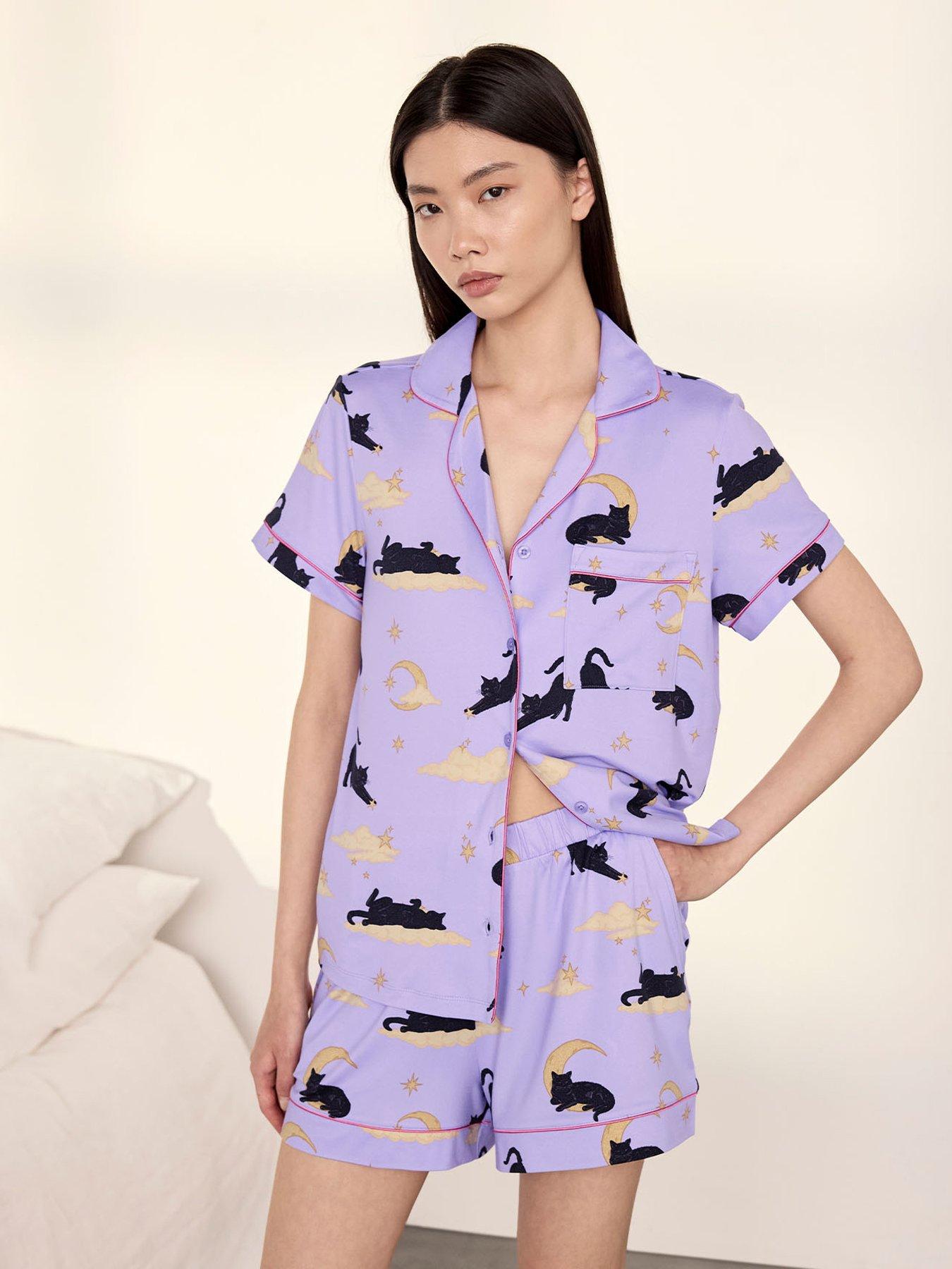 Image 1 of 5 of CHELSEA PEERS Halloween Cat Print Short Pyjama Set - Lilac