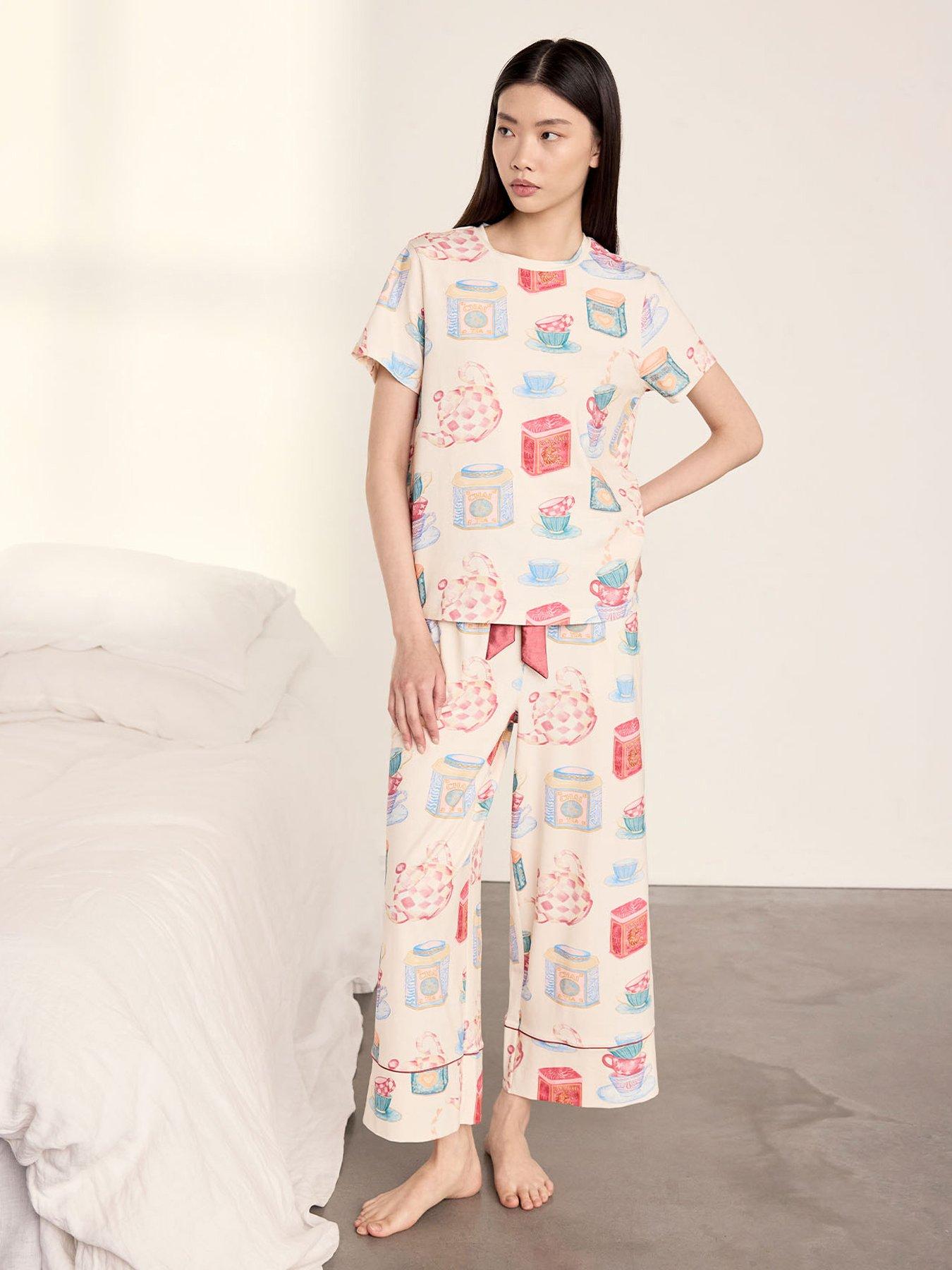CHELSEA PEERS Cotton Tea Party Print Long Pyjama Set - Off White