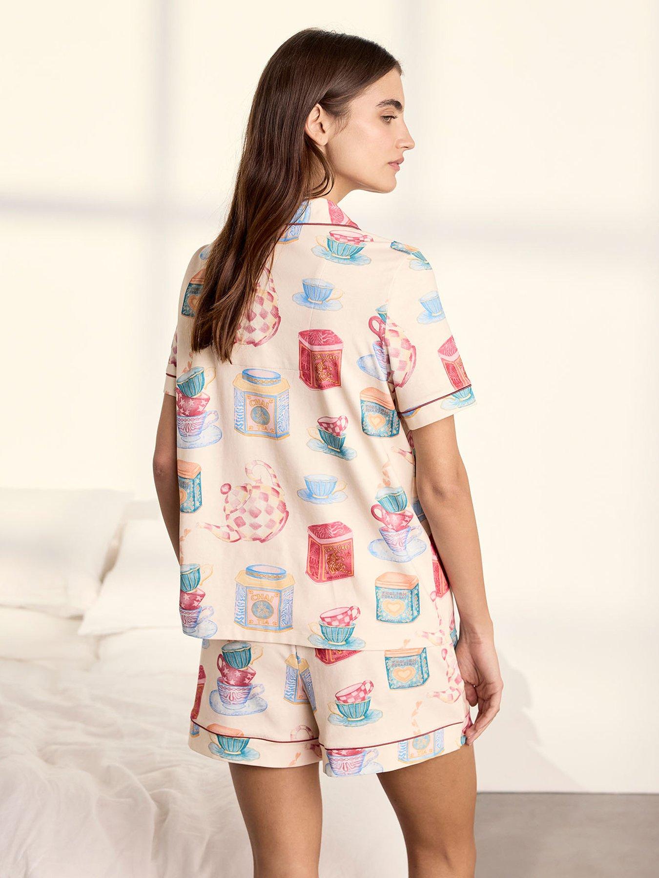 Image 2 of 6 of CHELSEA PEERS Cotton Tea Party Print Short Pyjama Set - Off White