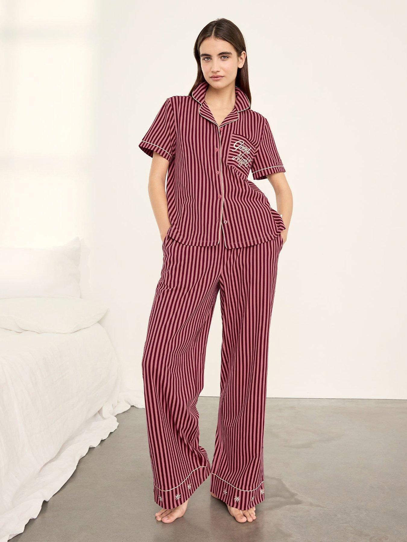 CHELSEA PEERS Cotton Embroidered Good Night Stripe Long Pyjama Set - Multi