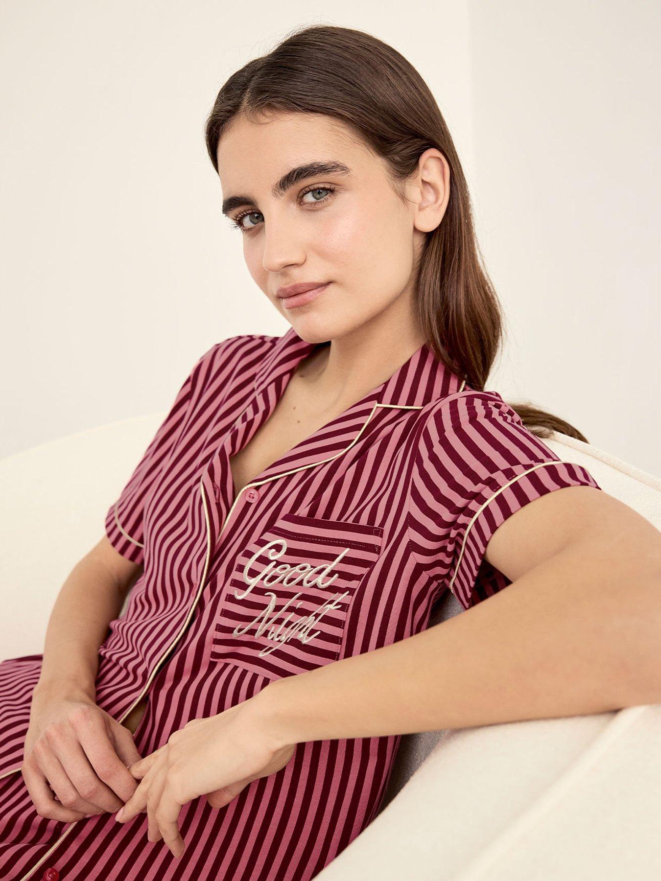 Image 5 of 6 of CHELSEA PEERS Cotton Embroidered Good Night Stripe Long Pyjama Set - Multi