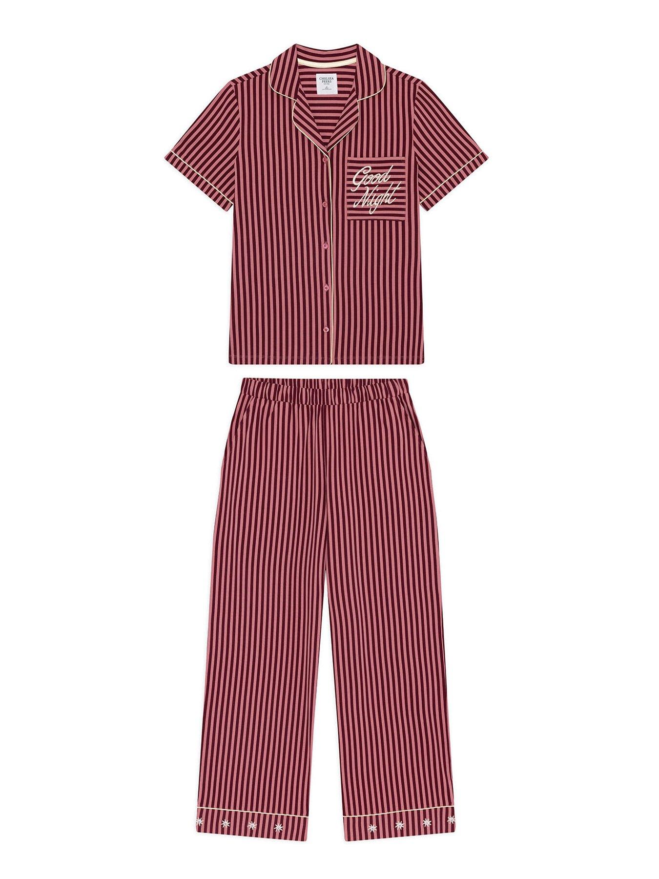 Image 6 of 6 of CHELSEA PEERS Cotton Embroidered Good Night Stripe Long Pyjama Set - Multi