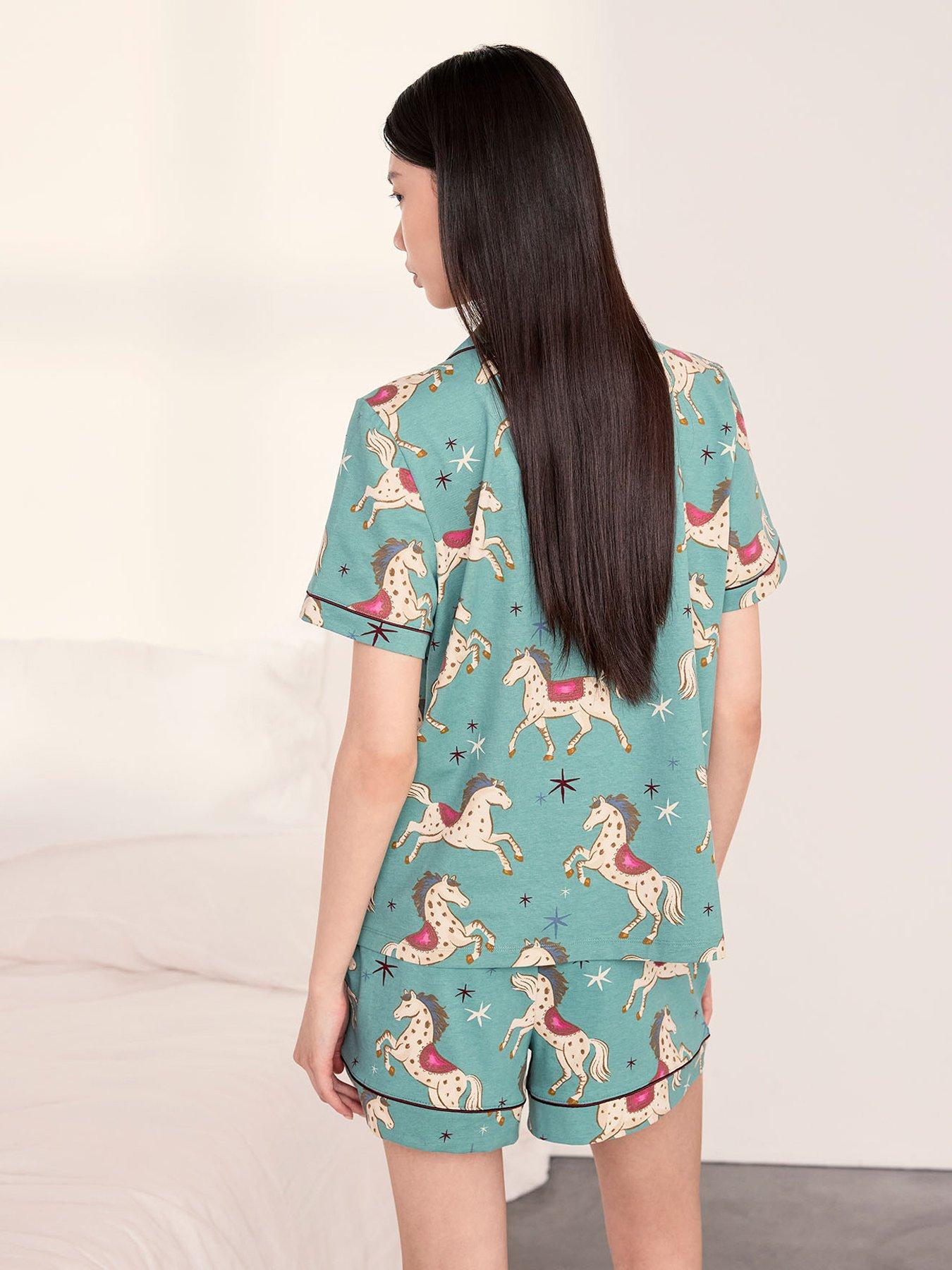 Image 2 of 6 of CHELSEA PEERS Cotton Carousel Horse Print Short Pyjama Set - Teal