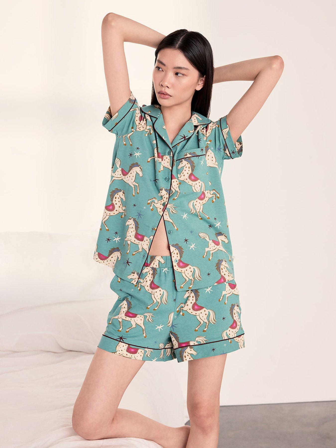 Image 3 of 6 of CHELSEA PEERS Cotton Carousel Horse Print Short Pyjama Set - Teal