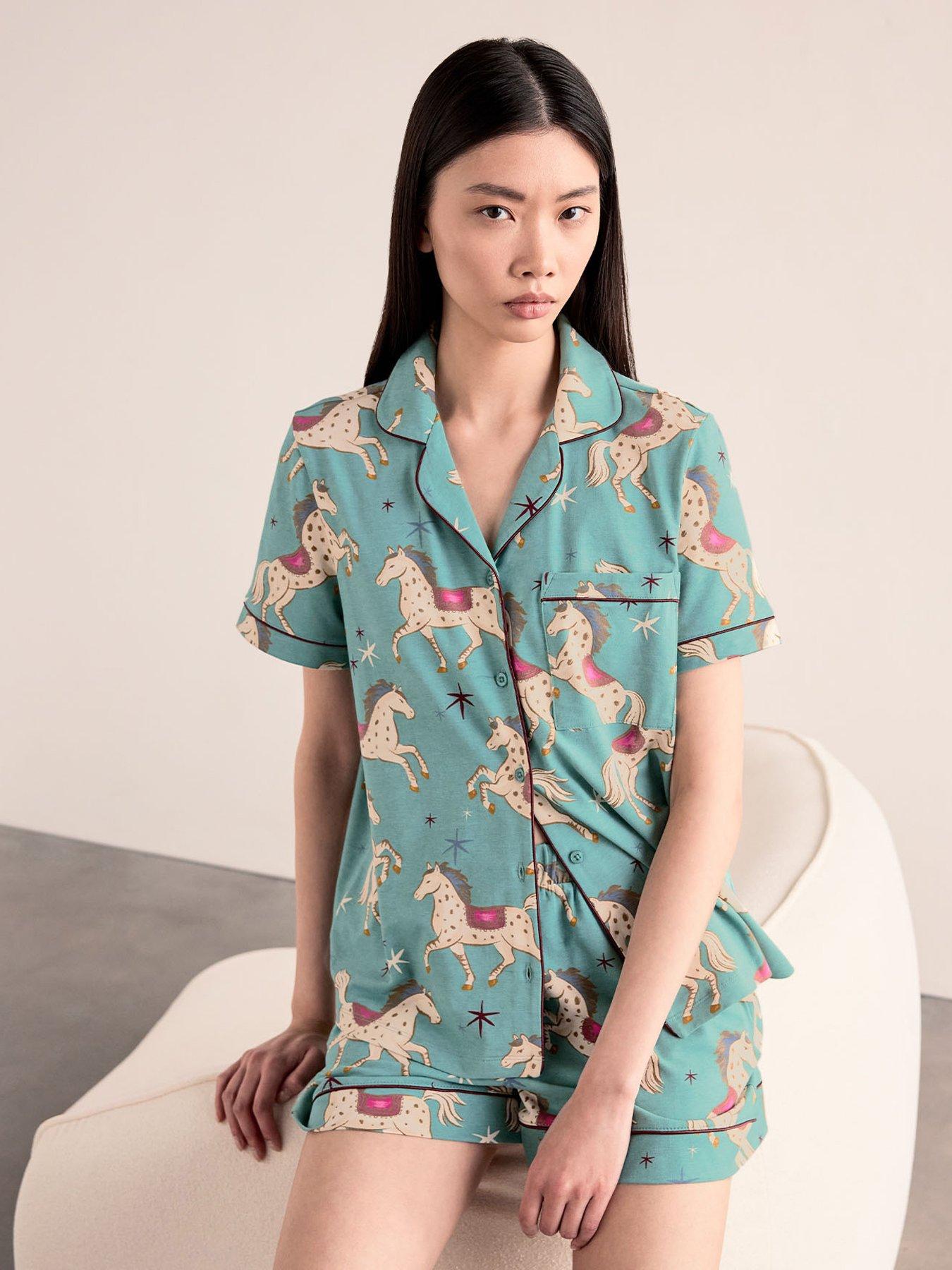 Image 4 of 6 of CHELSEA PEERS Cotton Carousel Horse Print Short Pyjama Set - Teal