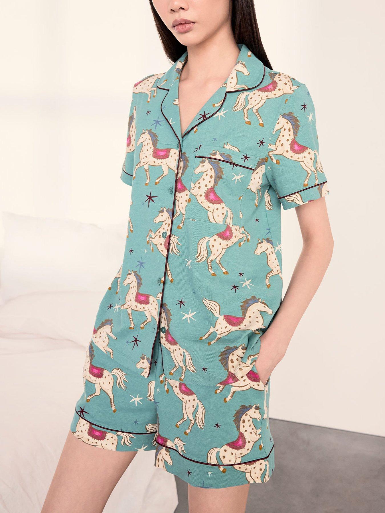 Image 5 of 6 of CHELSEA PEERS Cotton Carousel Horse Print Short Pyjama Set - Teal
