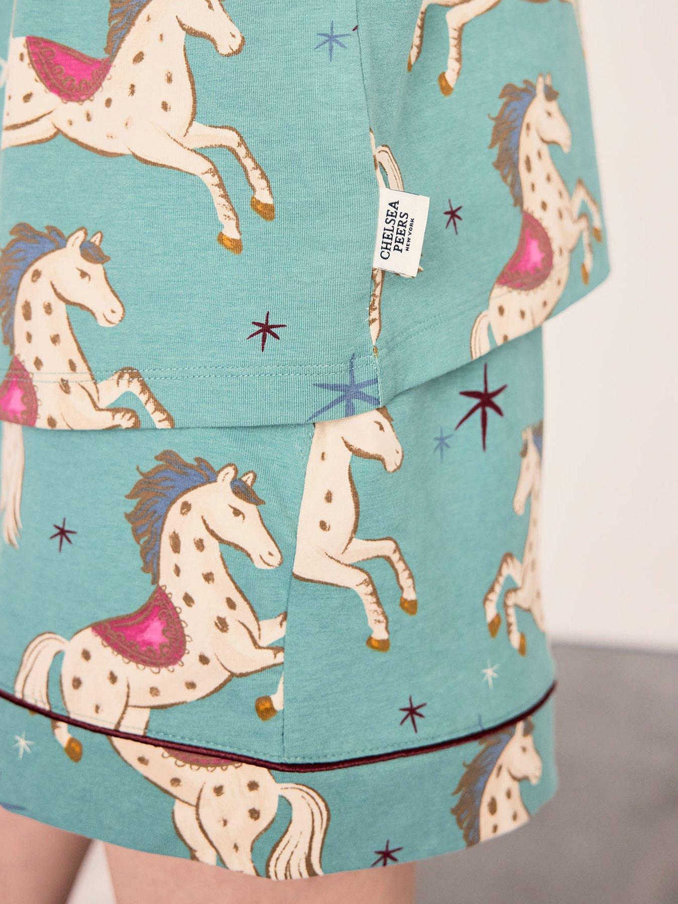 Image 6 of 6 of CHELSEA PEERS Cotton Carousel Horse Print Short Pyjama Set - Teal