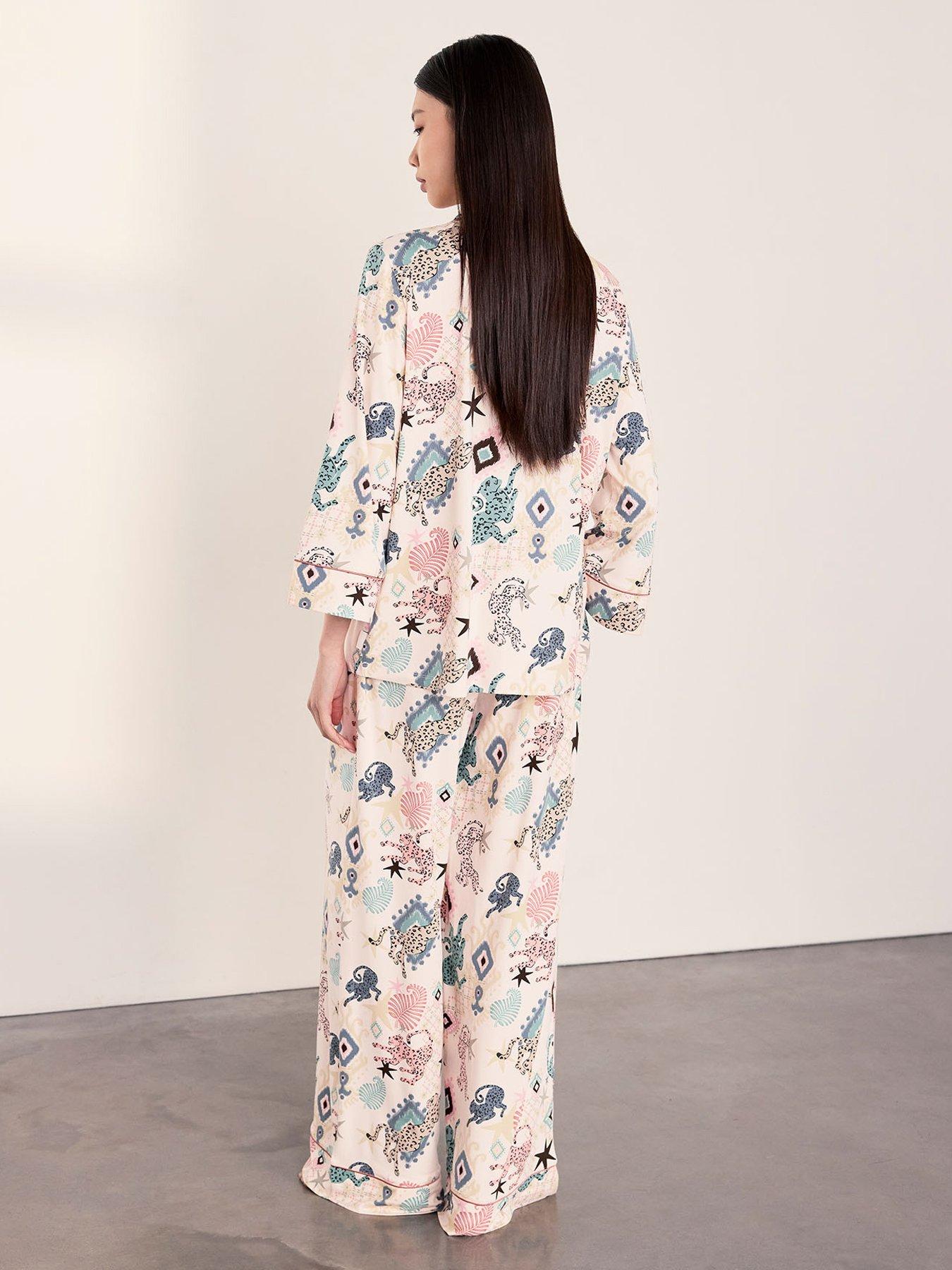 Image 2 of 5 of CHELSEA PEERS Bohemian Leopard Print Long Pyjama Set - Off White