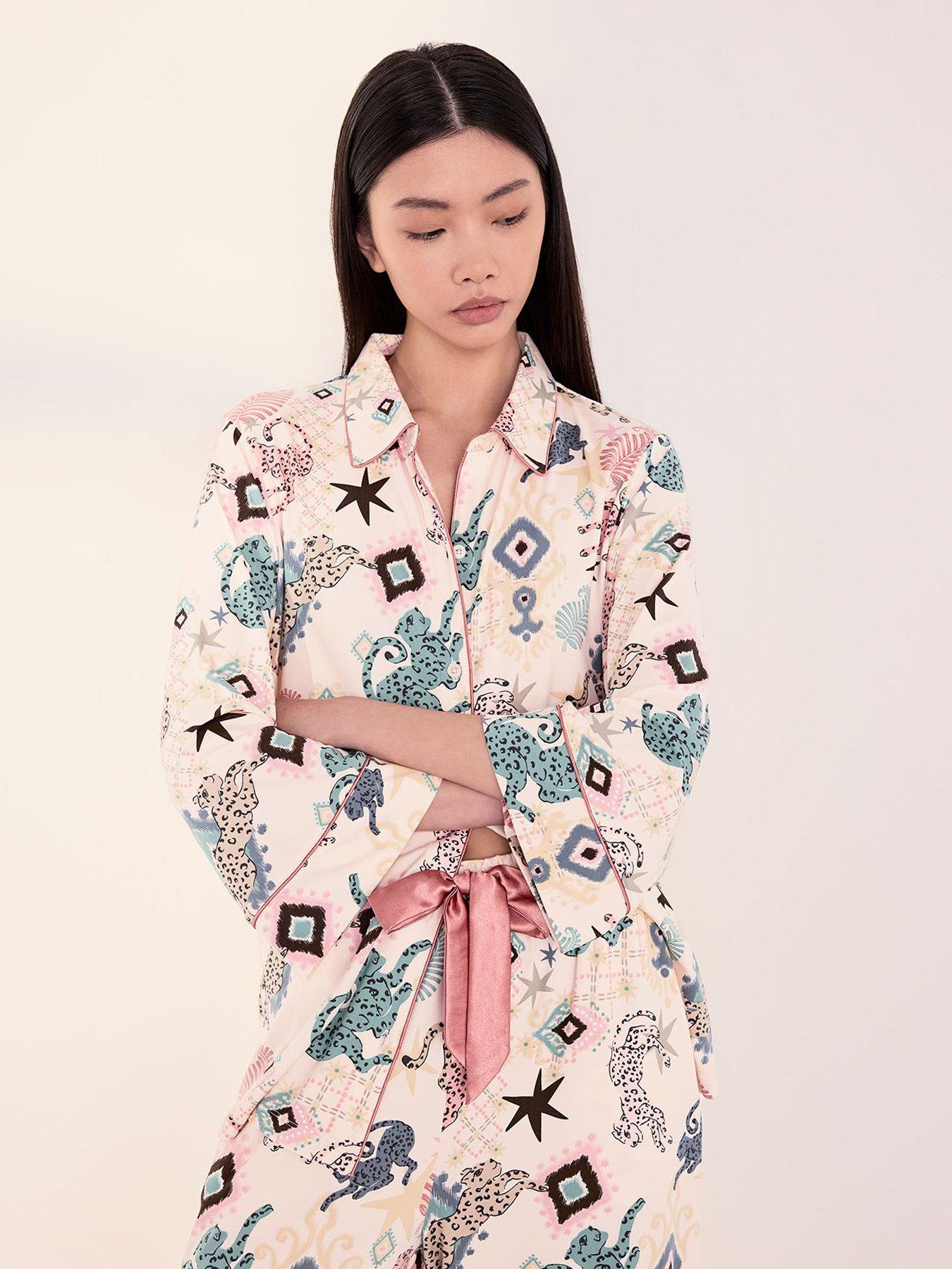 Image 4 of 5 of CHELSEA PEERS Bohemian Leopard Print Long Pyjama Set - Off White