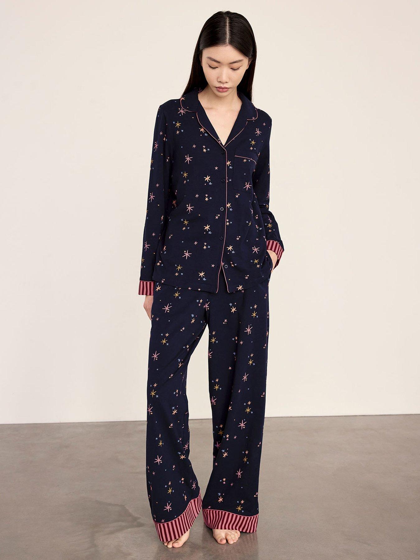 Image 1 of 5 of CHELSEA PEERS Cotton Starlight Print Long Pyjama Set - Navy