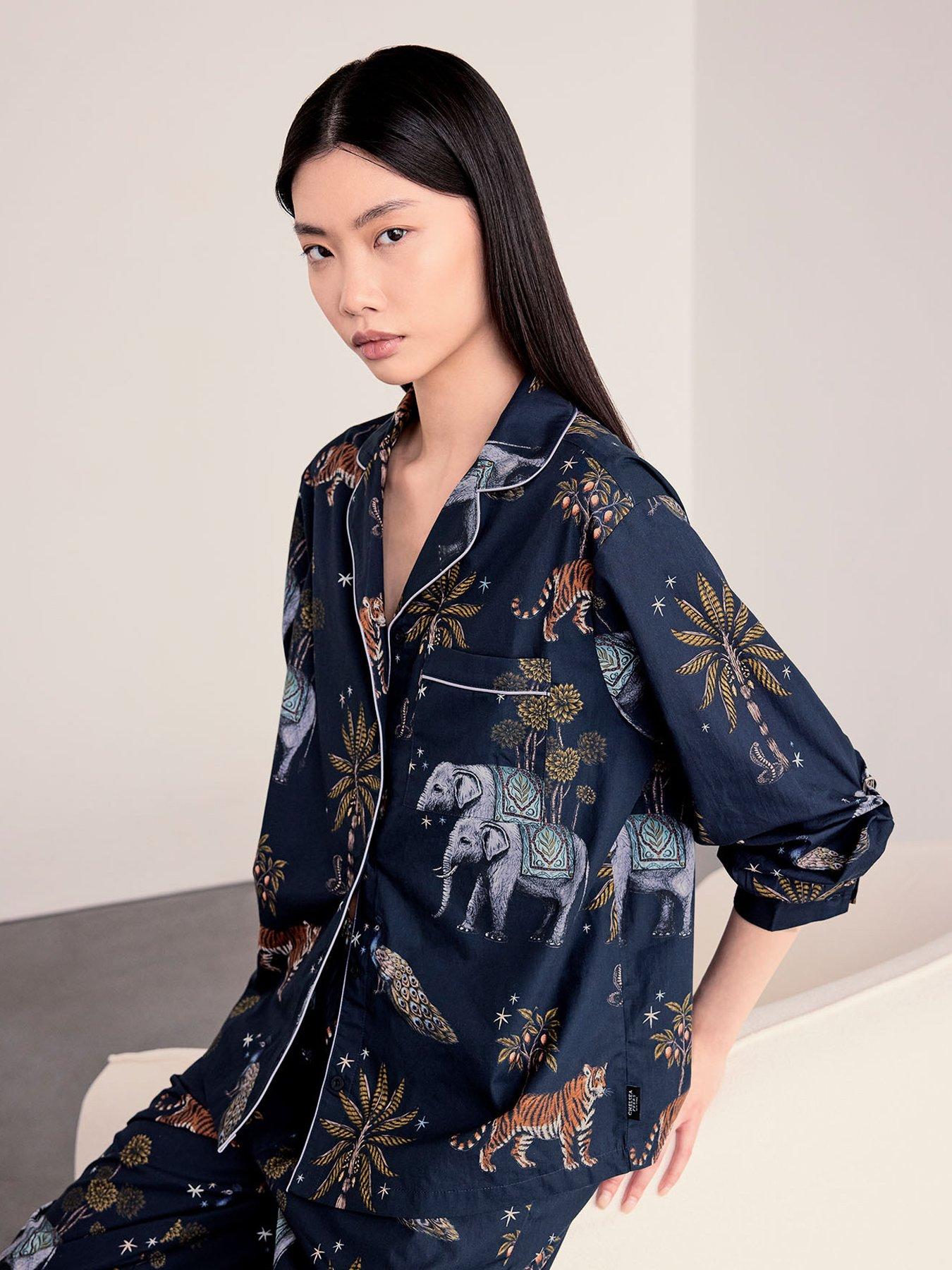 Image 3 of 6 of CHELSEA PEERS Cotton Twilight Safari Print Long Pyjama Set - Navy