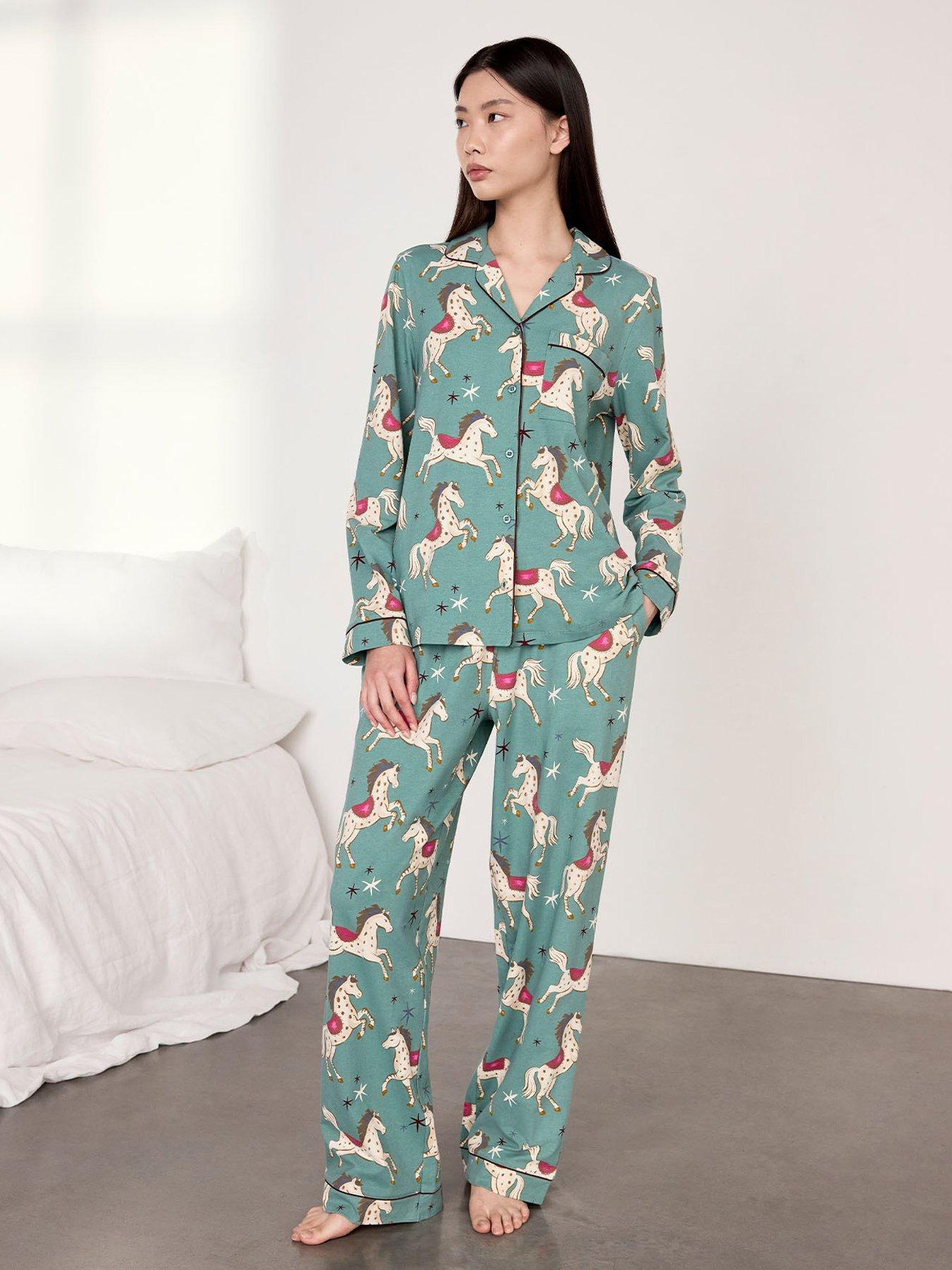 CHELSEA PEERS Cotton Carousel Horse Print Long Pyjama Set - Teal