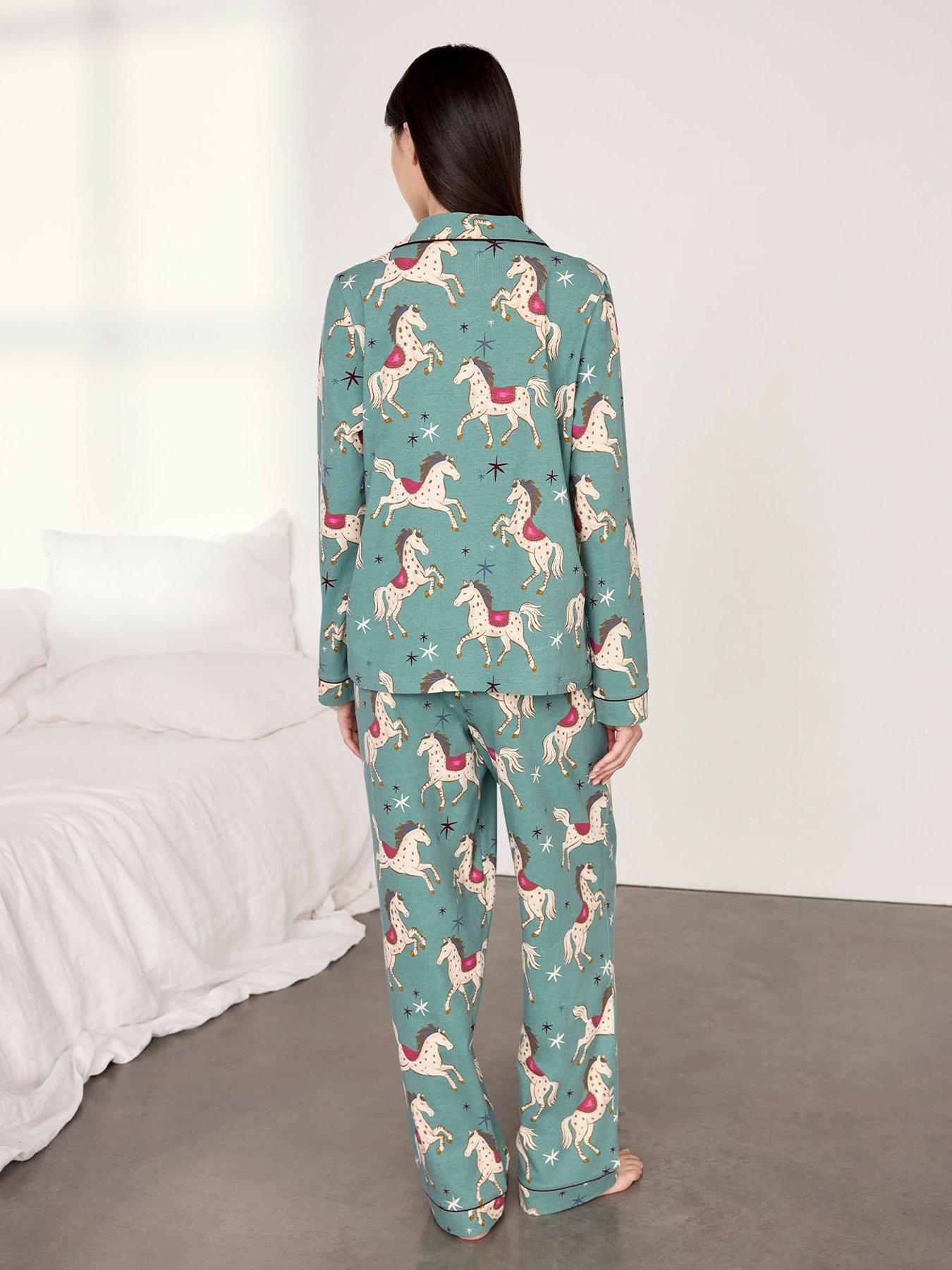 Image 2 of 6 of CHELSEA PEERS Cotton Carousel Horse Print Long Pyjama Set - Teal