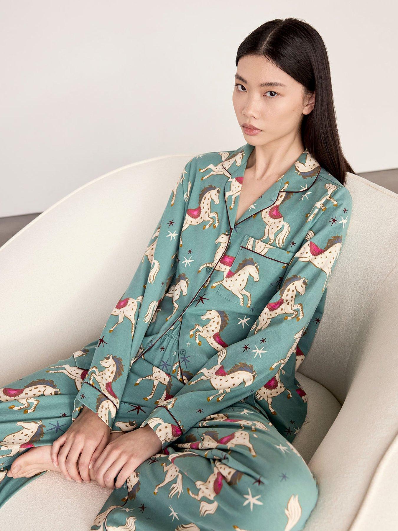 Image 3 of 6 of CHELSEA PEERS Cotton Carousel Horse Print Long Pyjama Set - Teal