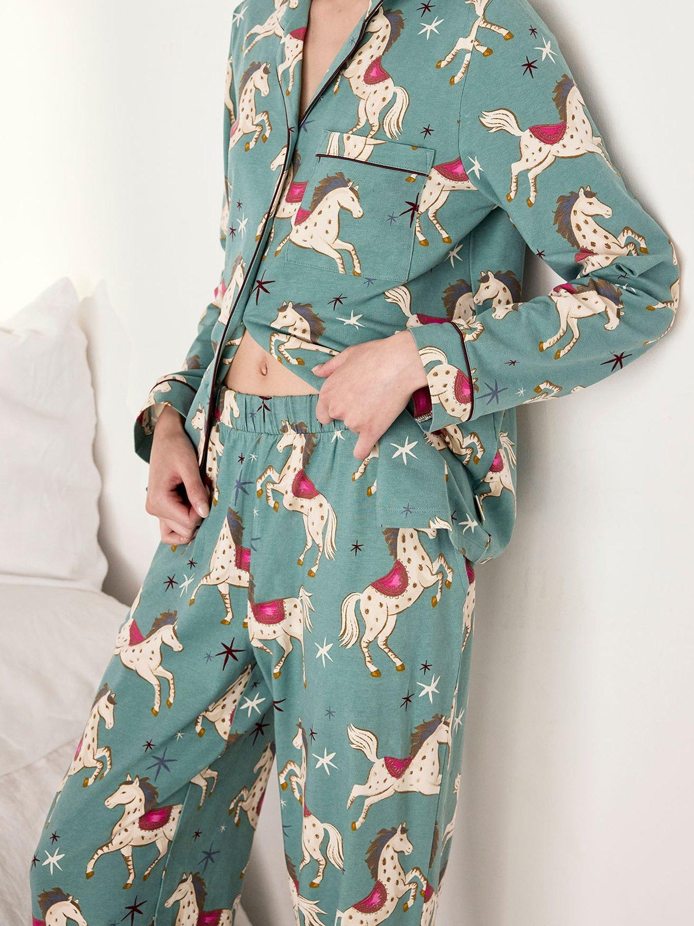 Image 4 of 6 of CHELSEA PEERS Cotton Carousel Horse Print Long Pyjama Set - Teal