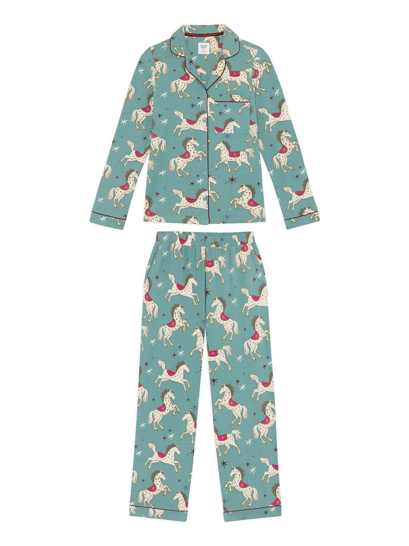 Image 6 of 6 of CHELSEA PEERS Cotton Carousel Horse Print Long Pyjama Set - Teal
