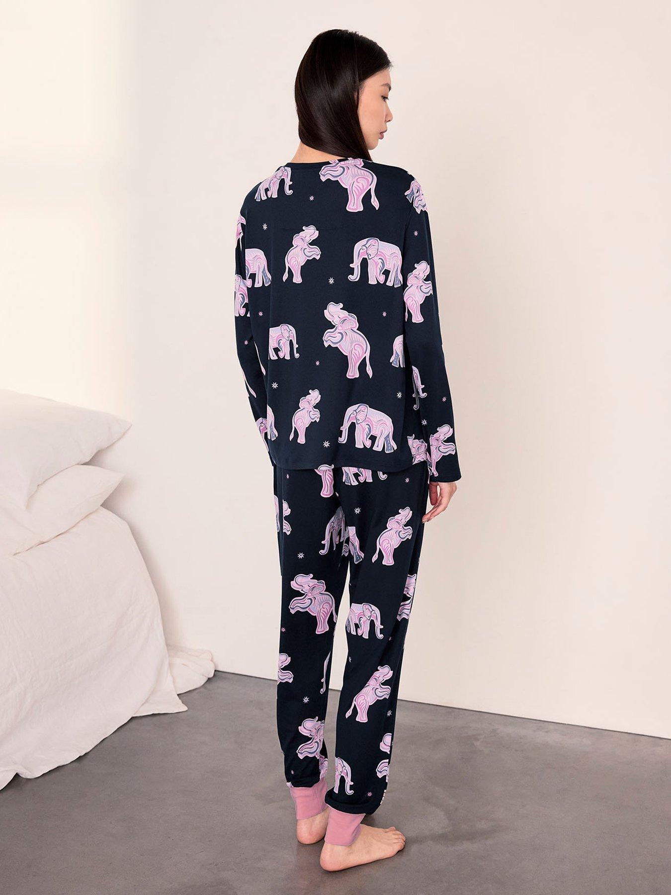 Image 2 of 5 of CHELSEA PEERS Elephant Dreamscape Print Long Pyjama Set - Navy