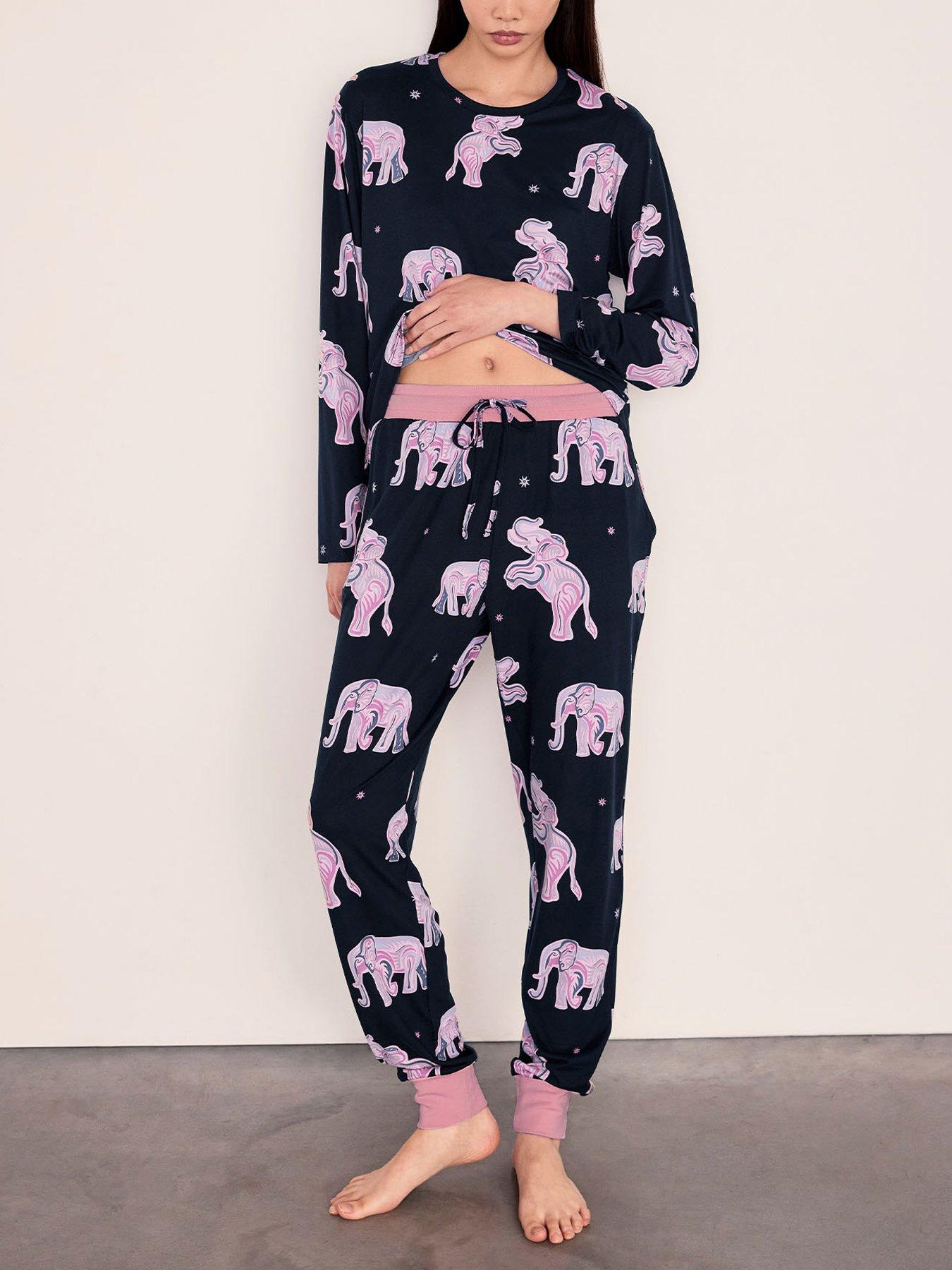 Image 5 of 5 of CHELSEA PEERS Elephant Dreamscape Print Long Pyjama Set - Navy