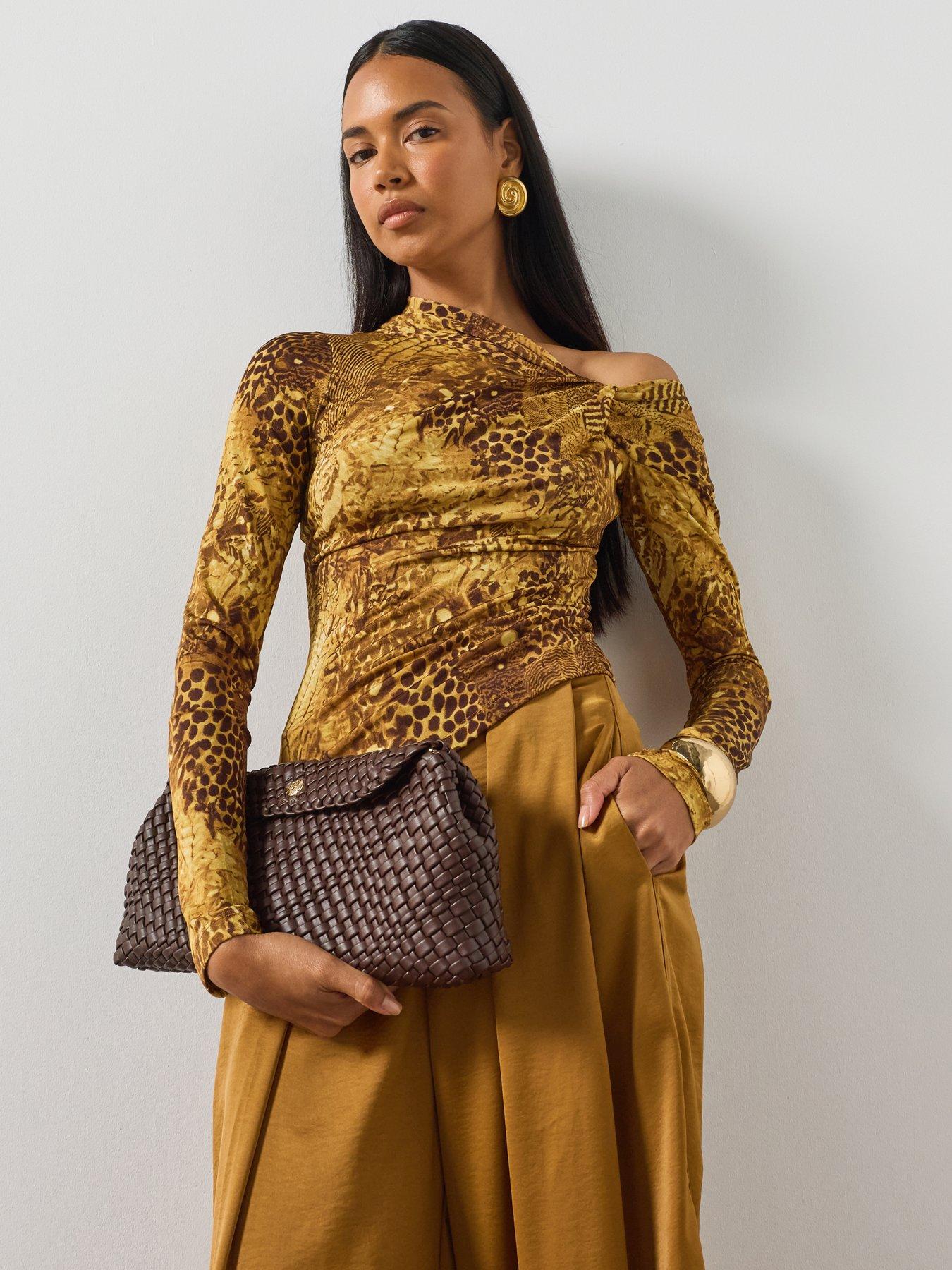 AllSaints Arlie Long Sleeve Off The Shoulder Top - Gold