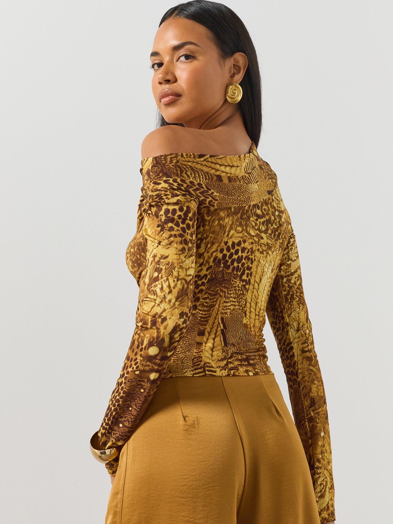 Image 2 of 6 of AllSaints Arlie Long Sleeve Off The Shoulder Top - Gold
